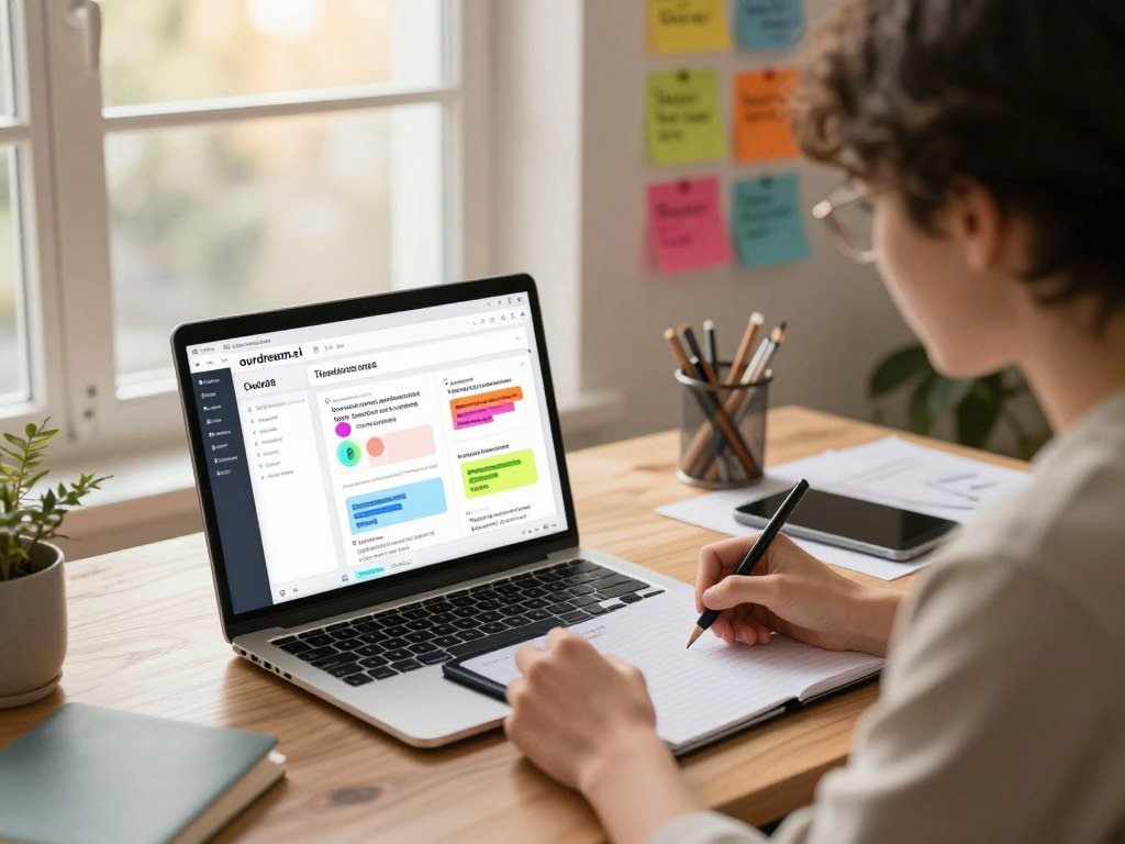 A vibrant workspace featuring a high-tech laptop open to the interface of "ourdream.ai", showcasing its innovative features like brainstorming tools, creativity enhancement, and visual aids. In the foreground, a focused individual in smart casual attire, deeply engaged in the creative process, jotting notes on a digital tablet. The middle background features colorful brainstorming notes pinned on a wall, representing diverse thoughts and ideas, while a large window in the back lets in warm, natural light, creating an inviting atmosphere. The scene is captured from a slightly elevated angle, emphasizing the dynamic interaction between technology and creativity, with soft shadows and a cozy, motivating feel, conveying a sense of inspiration and productivity.