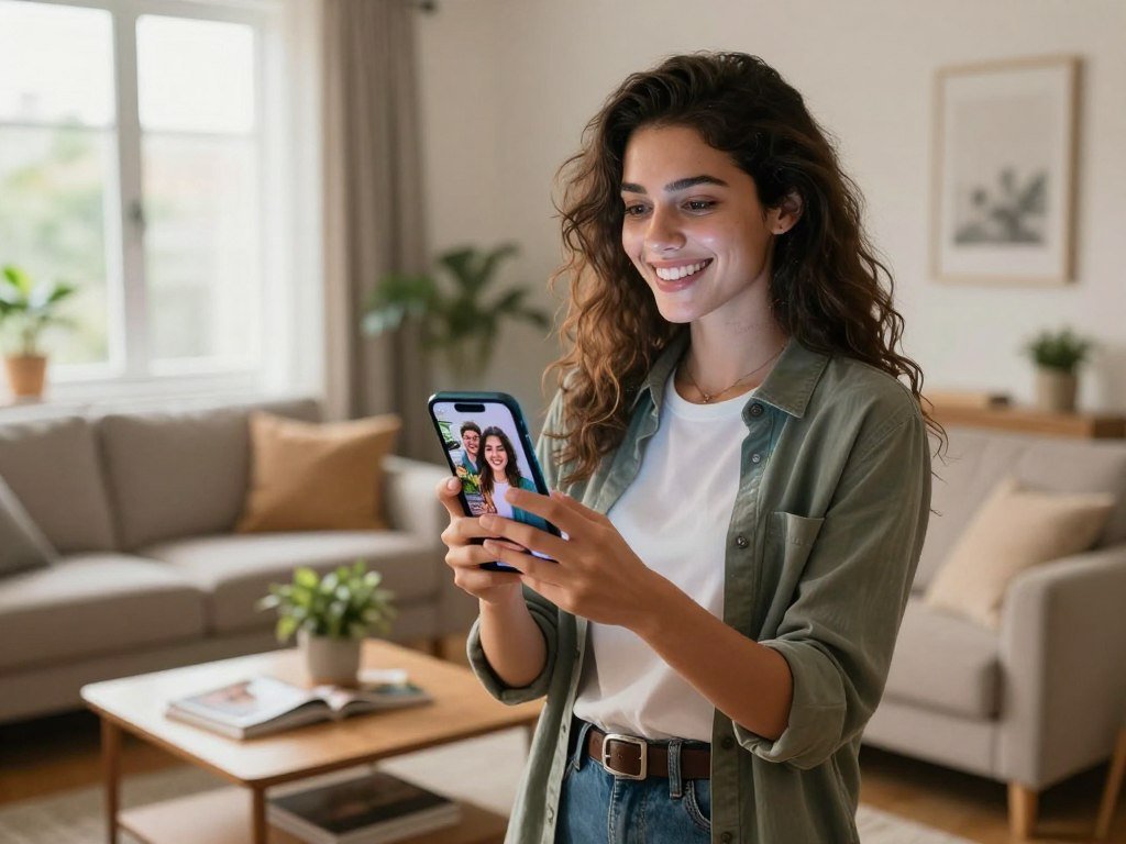A virtual girlfriend, depicted as a friendly, approachable female hologram, stands in a modern, cozy living room warming up the space. She has a vibrant smile, long flowing hair, and is dressed in smart casual attire. In her hands, she holds a smartphone displaying various pictures of joyful moments together. In the foreground, soft lighting highlights her features, creating an inviting atmosphere. The middle ground includes a comfy couch and a coffee table adorned with magazines and plants, suggesting a relaxed social environment. In the background, a large window allows natural light to flood in, enhancing the warmth of the scene. The overall mood is uplifting and inspiring, illustrating how technology can enhance real-world interactions and personal growth. Include branding elements of "Sexlove.ai" subtly integrated into the environment. A virtual girlfriend, depicted as a friendly, approachable female hologram, stands in a modern, cozy living room warming up the space. She has a vibrant smile, long flowing hair, and is dressed in smart casual attire. In her hands, she holds a smartphone displaying various pictures of joyful moments together. In the foreground, soft lighting highlights her features, creating an inviting atmosphere. The middle ground includes a comfy couch and a coffee table adorned with magazines and plants, suggesting a relaxed social environment. In the background, a large window allows natural light to flood in, enhancing the warmth of the scene. The overall mood is uplifting and inspiring, illustrating how technology can enhance real-world interactions and personal growth. Include branding elements of "Sexlove.ai" subtly integrated into the environment.