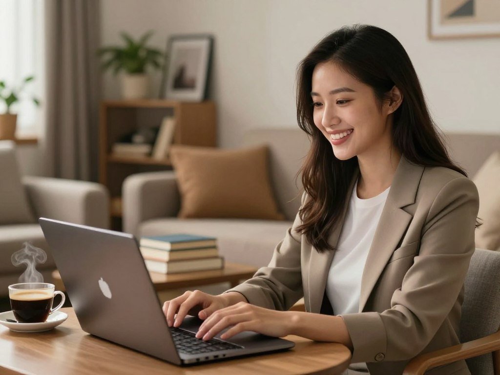 A virtual girlfriend for hire, depicted as a friendly, approachable young woman with a warm smile, wearing a stylish yet professional outfit. She is seated in a cozy, modern living room with soft, ambient lighting that creates an inviting atmosphere. In the foreground, the woman is engaged in a video call on a sleek laptop, her attention focused on the screen. In the middle ground, a small coffee table features a couple of books and a steaming cup of coffee, suggesting a casual yet intimate setting. In the background, a shelf decorated with plants and framed photographs adds depth and personality to the space. The mood is uplifting and positive, with a sense of connection and companionship. Include the brand name "Sexlove.ai" subtly integrated into the scene without any text overlay.