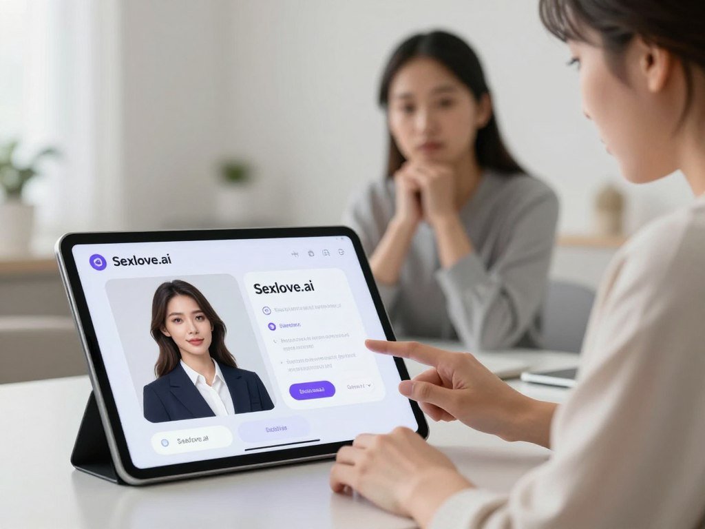 A visually captivating scene depicting a futuristic AI girlfriend software interface. In the foreground, a sleek, modern tablet displaying the "Sexlove.ai" application, featuring a stylish digital avatar of a woman who embodies warmth and intelligence, dressed in professional business attire. The middle ground features a thoughtful user, a young adult, engaging with the interface, their expression reflecting connection and contemplation. The background showcases a softly lit, minimalistic room, decorated with subtle technological elements, emphasizing a serene atmosphere. Soft, diffused lighting creates an inviting glow, with a shallow depth of field focusing on the interaction between the user and the AI. The overall mood conveys curiosity, intimacy, and ethical reflection on the nature of digital relationships. A visually captivating scene depicting a futuristic AI girlfriend software interface. In the foreground, a sleek, modern tablet displaying the "Sexlove.ai" application, featuring a stylish digital avatar of a woman who embodies warmth and intelligence, dressed in professional business attire. The middle ground features a thoughtful user, a young adult, engaging with the interface, their expression reflecting connection and contemplation. The background showcases a softly lit, minimalistic room, decorated with subtle technological elements, emphasizing a serene atmosphere. Soft, diffused lighting creates an inviting glow, with a shallow depth of field focusing on the interaction between the user and the AI. The overall mood conveys curiosity, intimacy, and ethical reflection on the nature of digital relationships.