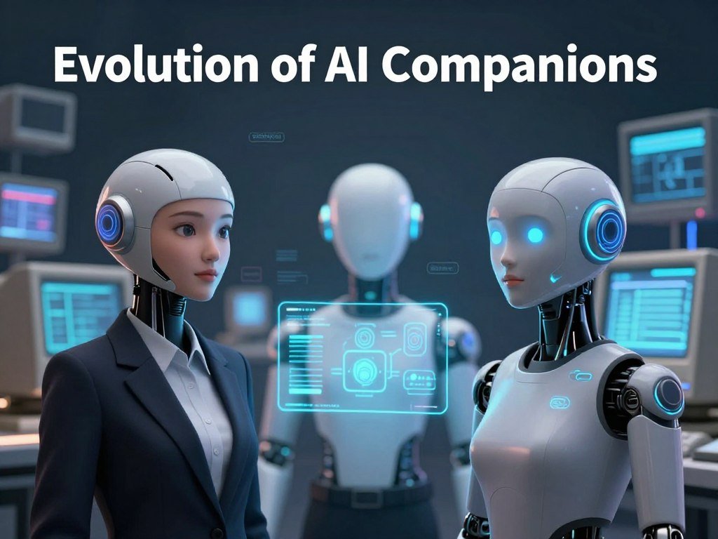 A visually striking depiction of "Evolution of AI Companions," showcasing three distinct stages of virtual companionship. In the foreground, present an advanced AI character resembling a futuristic humanoid companion with sleek features and vibrant digital expressions, dressed in professional business attire. In the middle, illustrate a transition to a more simplistic AI representation, like a holographic interface with glowing icons and data streams. The background should display an array of technological advancements, like retro computer screens evolving into modern devices. Use soft, ambient lighting to create an inviting atmosphere, with a slight depth-of-field effect to focus on the AI characters. The overall mood is contemplative and optimistic, reflecting the journey of human-AI relationships. Include a subtle branding element of "sexlove.ai" integrated into the technology design.