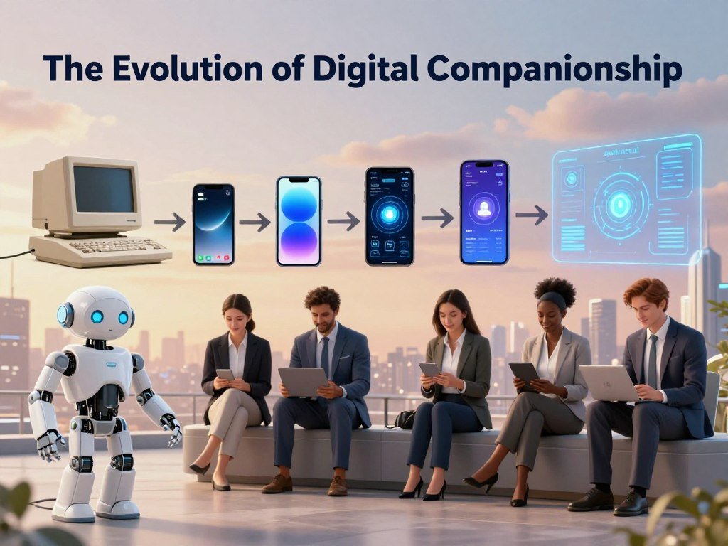 A visually striking image illustrating "The Evolution of Digital Companionship." In the foreground, depict a friendly, humanoid robot and a diverse group of individuals in professional business attire, engaging with digital devices, showcasing companionship through technology. The middle section features a progression of technology, from vintage computing devices to modern smartphones and advanced AI interfaces, representing the evolution of digital companionship. In the background, a serene, futuristic cityscape with soft, ambient lighting hints at a world where technology seamlessly integrates into daily life. The mood is optimistic and inviting, with warm color tones creating a sense of connection and support, embodying the essence of companionship. The brand name "sexlove.ai" is subtly incorporated into a digital display within the environment.