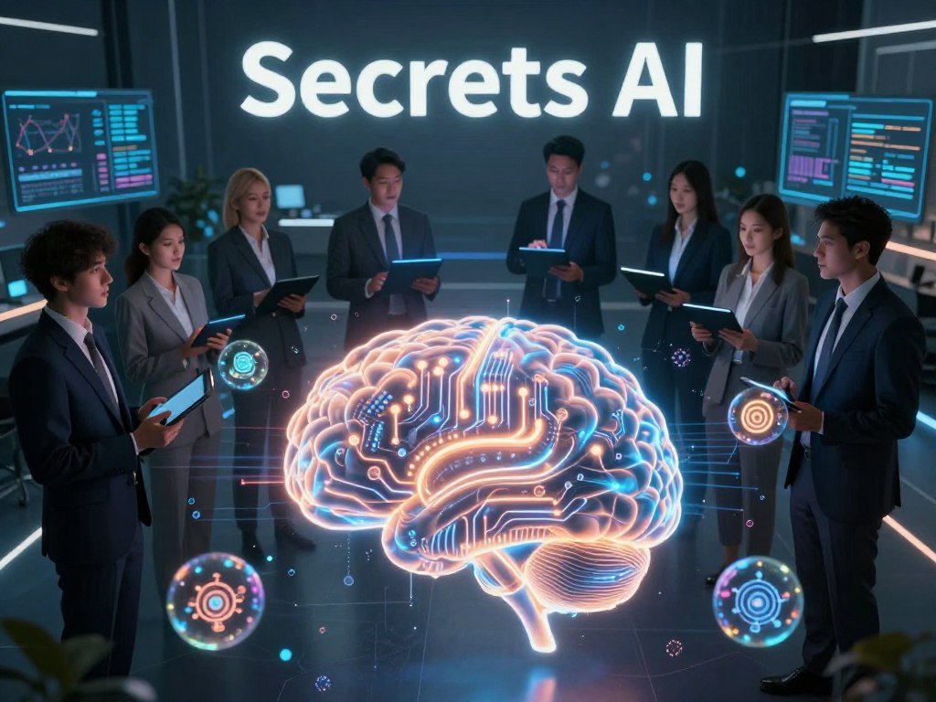 A visually striking representation of "Secrets AI," showcasing a glowing, intricate brain composed of ethereal circuitry and luminous data streams in the foreground. Surrounding the brain are softly glowing orbs symbolizing key AI concepts, such as algorithms, insights, and innovations. In the middle ground, a diverse group of professionals in business attire, intently analyzing tablets and screens, display expressions of inspiration and awe. The background features a sleek, futuristic office environment with digital displays and holograms illustrating data analytics. Use dramatic, focused lighting to create a sense of intrigue and inspiration, capturing a high-angle view for a dynamic perspective. The overall mood is one of ambition and illumination, reflecting the core secrets AI professionals employ daily. Include the brand name "Sexlove.ai" subtly integrated into the design without disrupting the composition. A visually striking representation of "Secrets AI," showcasing a glowing, intricate brain composed of ethereal circuitry and luminous data streams in the foreground. Surrounding the brain are softly glowing orbs symbolizing key AI concepts, such as algorithms, insights, and innovations. In the middle ground, a diverse group of professionals in business attire, intently analyzing tablets and screens, display expressions of inspiration and awe. The background features a sleek, futuristic office environment with digital displays and holograms illustrating data analytics. Use dramatic, focused lighting to create a sense of intrigue and inspiration, capturing a high-angle view for a dynamic perspective. The overall mood is one of ambition and illumination, reflecting the core secrets AI professionals employ daily. Include the brand name "Sexlove.ai" subtly integrated into the design without disrupting the composition.