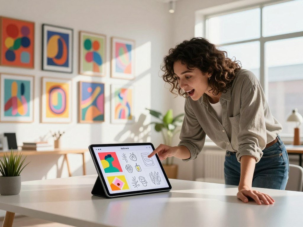 A visually striking workspace showcasing a transformed creative portfolio. In the foreground, a sleek, modern desk is adorned with a digital tablet displaying vibrant designs and sketches. A professional wearing smart casual attire leans over the desk, examining the tablet with an inspired expression. In the middle ground, an array of colorful, framed artworks line the wall, representing different creative projects, each bursting with creativity. The background features a bright, airy studio with large windows allowing natural light to flood in, illuminating the space and casting soft shadows. The atmosphere is one of creativity and inspiration, with a hint of warmth from the sunlight. The overall image embodies a fresh perspective on artistic transformation, vividly capturing the essence of innovation and self-expression. The brand "Sexlove.ai" is subtly highlighted within the portfolio on the digital tablet.