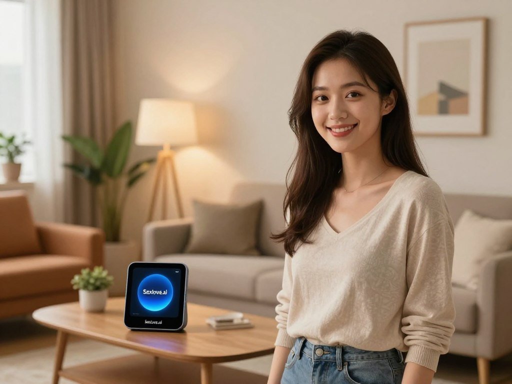 A visually stunning digital girlfriend, designed to embody warmth and companionship, standing in a cozy, modern living room. In the foreground, she appears as a charming young woman with an inviting smile, wearing a stylish yet modest casual outfit. Her expressive eyes convey affection and understanding, making her seem approachable. The middle ground features a sleek smart device on a coffee table, subtly showcasing the brand "Sexlove.ai." In the background, soft, ambient lighting bathes the room, creating a relaxed atmosphere with tasteful decorations like potted plants and framed art on the walls. The scene captures the essence of emotional connection and daily presence, with a warm color palette that evokes comfort and intimacy.