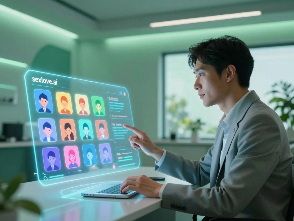 A welcoming virtual environment showcasing the key features of virtual companions. In the foreground, an interactive holographic display featuring vibrant icons representing customization options like avatars, personalities, and tasks. The middle ground includes a user in professional attire, engaged with the display, exuding a sense of connection and support. The background features a sleek, modern room with soft green lighting, creating a calming atmosphere. A window shows a serene outdoor view, symbolizing connection and openness. Use a wide-angle lens for an immersive perspective, ensuring a balanced composition with focus on the user and the holographic interface. The overall mood should convey innovation, support, and personalization in companionship, reflecting the brand "sexlove.ai".
