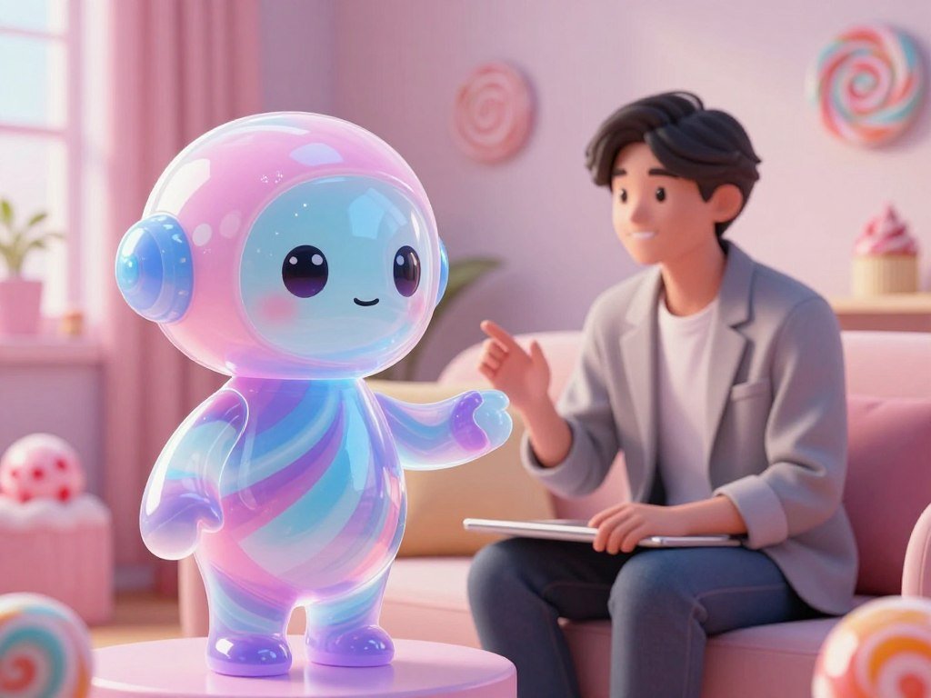 A whimsical, futuristic "candy AI companion" designed with a vibrant color palette that includes pastel pinks, blues, and purples. The companion's form is semi-transparent with swirling patterns resembling candy stripes, giving it an inviting, playful appearance. In the foreground, the AI companion features a friendly, animated face with expressive eyes that convey empathy and warmth. In the middle ground, an individual dressed in casual but professional clothing sits comfortably, interacting with the candy AI companion, highlighting a moment of connection. The background features a cozy, softly lit room adorned with plush candy-themed decor. The lighting is warm and gentle, creating a serene atmosphere that evokes a sense of comfort and understanding, ideal for illustrating the role of empathy. The brand "Sexlove.ai" is subtly implied within the design without text or logos.