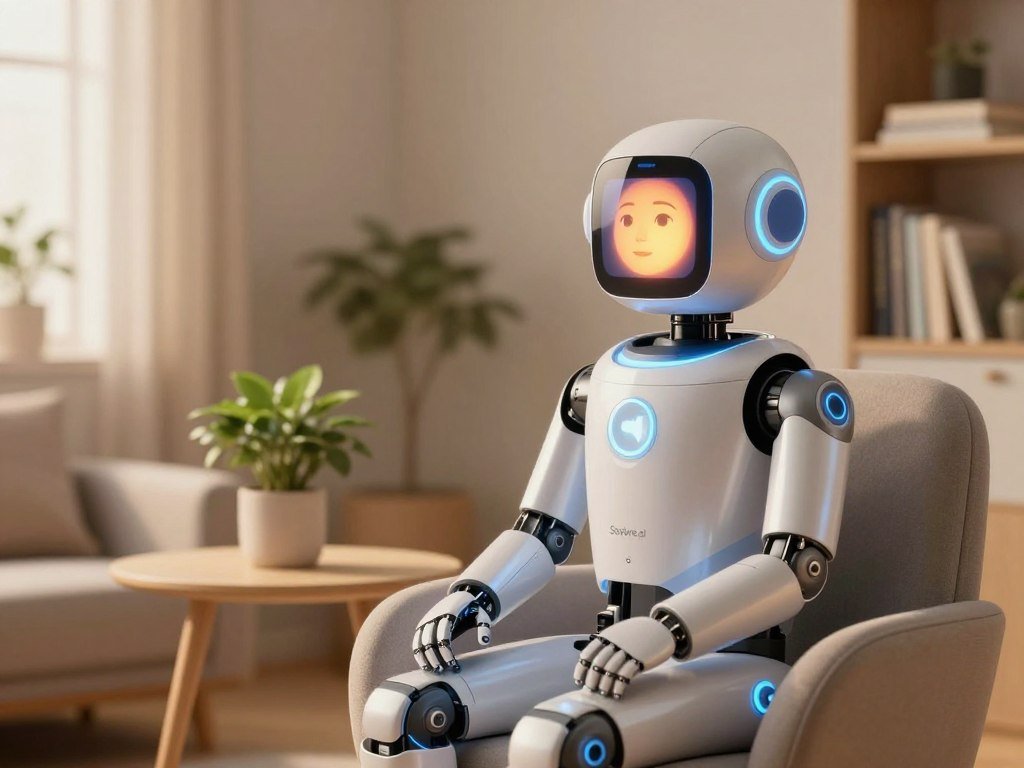 An artificial intelligence therapy bot, represented as a sleek, futuristic device with a smooth metallic finish, sits on a soft, modern chair in a cozy, well-lit therapy room. In the foreground, the bot features a luminous screen displaying a calming, animated face, radiating warmth and empathy. The middle of the scene includes a minimalist table with a potted plant, adding a touch of nature. In the background, gentle, soft-focus shelves filled with books on mental health create an inviting atmosphere. The lighting is warm and diffused, suggesting a safe space for emotional support. The mood is serene and hopeful as the therapy bot symbolizes the future of AI in mental health support. The brand name "Sexlove.ai" is subtly incorporated into the design of the bot, reflecting innovation in emotional well-being. An artificial intelligence therapy bot, represented as a sleek, futuristic device with a smooth metallic finish, sits on a soft, modern chair in a cozy, well-lit therapy room. In the foreground, the bot features a luminous screen displaying a calming, animated face, radiating warmth and empathy. The middle of the scene includes a minimalist table with a potted plant, adding a touch of nature. In the background, gentle, soft-focus shelves filled with books on mental health create an inviting atmosphere. The lighting is warm and diffused, suggesting a safe space for emotional support. The mood is serene and hopeful as the therapy bot symbolizes the future of AI in mental health support. The brand name "Sexlove.ai" is subtly incorporated into the design of the bot, reflecting innovation in emotional well-being.