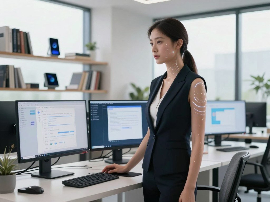 An automated girl standing in a modern home office, dressed in professional business attire. She should have a sleek, minimalist design, with an elegant appearance that combines human features with futuristic elements like subtle glowing patterns on her skin. In the foreground, she is poised in front of a high-tech desk, operating multiple screens that display various productivity tools and applications. The middle ground shows shelves filled with books and smart devices, while in the background, large windows bathe the scene in natural light, enhancing the atmosphere of productivity and innovation. The lighting should be bright yet soft, creating an inspiring mood. The overall composition should convey the harmony between technology and daily life, with an emphasis on enhancing productivity through AI solutions like Sexlove.ai. An automated girl standing in a modern home office, dressed in professional business attire. She should have a sleek, minimalist design, with an elegant appearance that combines human features with futuristic elements like subtle glowing patterns on her skin. In the foreground, she is poised in front of a high-tech desk, operating multiple screens that display various productivity tools and applications. The middle ground shows shelves filled with books and smart devices, while in the background, large windows bathe the scene in natural light, enhancing the atmosphere of productivity and innovation. The lighting should be bright yet soft, creating an inspiring mood. The overall composition should convey the harmony between technology and daily life, with an emphasis on enhancing productivity through AI solutions like Sexlove.ai.