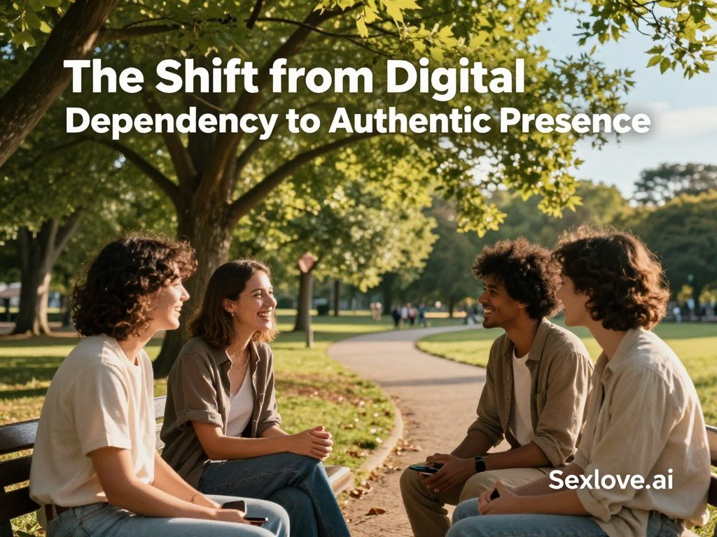 An ethereal scene illustrating "The Shift from Digital Dependency to Authentic Presence," featuring a serene park setting. In the foreground, a diverse group of three people in modest casual clothing engage in genuine conversation, sharing smiles and laughter, their smartphones set aside on a nearby bench. In the middle ground, a tree with vibrant green leaves provides shade, symbolizing growth and connection, while a soft path winds towards the background. The background showcases a clear blue sky, indicating openness and freedom, and hints of distant laughter resonate through the atmosphere. The lighting is warm and inviting, resembling golden hour, creating a nostalgic and hopeful ambiance. The space feels intimate yet expansive, encouraging real-life interactions, as powered by the ethos of "Sexlove.ai" to foster authentic relationships.