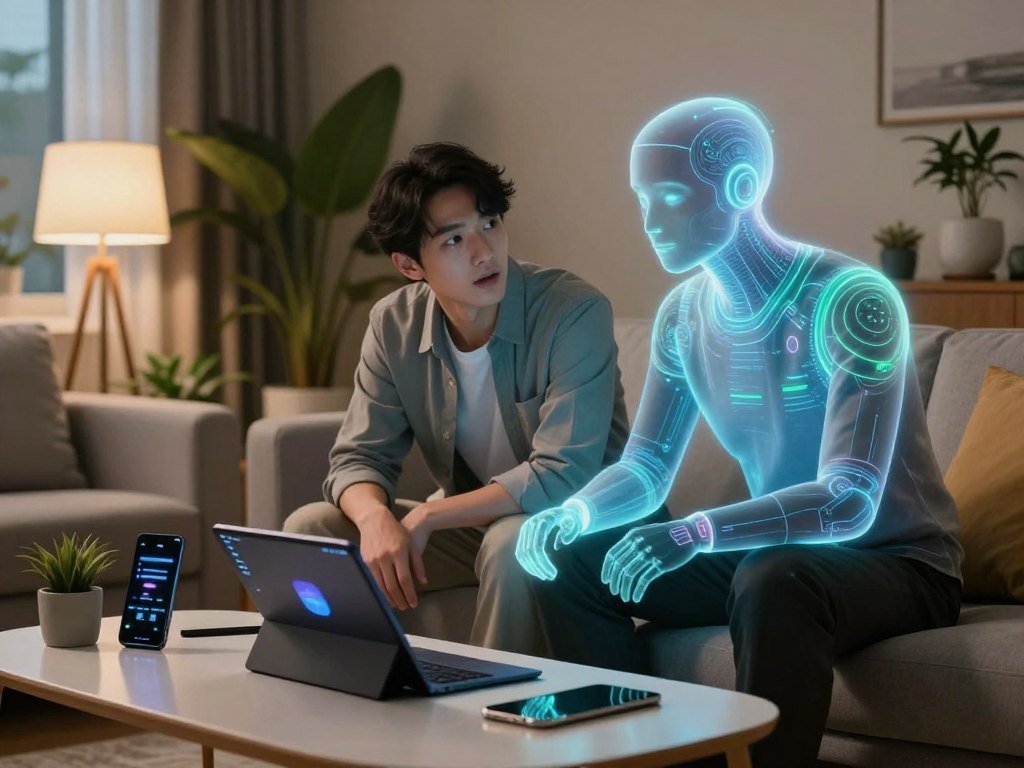 An interactive AI companion sits in a modern, cozy living room, engaging with a user who is dressed in professional business attire. The AI is represented as a sleek, holographic figure, radiating soft blue and green hues that reflect a calming atmosphere. The foreground features a stylish coffee table with tech gadgets and a digital tablet displaying various applications. In the middle, the user looks intrigued and focused, leaning slightly toward the AI. The background shows a well-decorated living space with plants and warm ambient lighting, creating a sense of comfort and intimacy. The overall mood is one of connection and support, illustrating the idea of overcoming challenges in relying on technology. Cinematic lighting accentuates the scene, with a slightly blurred depth of field to emphasize the interaction. An interactive AI companion sits in a modern, cozy living room, engaging with a user who is dressed in professional business attire. The AI is represented as a sleek, holographic figure, radiating soft blue and green hues that reflect a calming atmosphere. The foreground features a stylish coffee table with tech gadgets and a digital tablet displaying various applications. In the middle, the user looks intrigued and focused, leaning slightly toward the AI. The background shows a well-decorated living space with plants and warm ambient lighting, creating a sense of comfort and intimacy. The overall mood is one of connection and support, illustrating the idea of overcoming challenges in relying on technology. Cinematic lighting accentuates the scene, with a slightly blurred depth of field to emphasize the interaction.