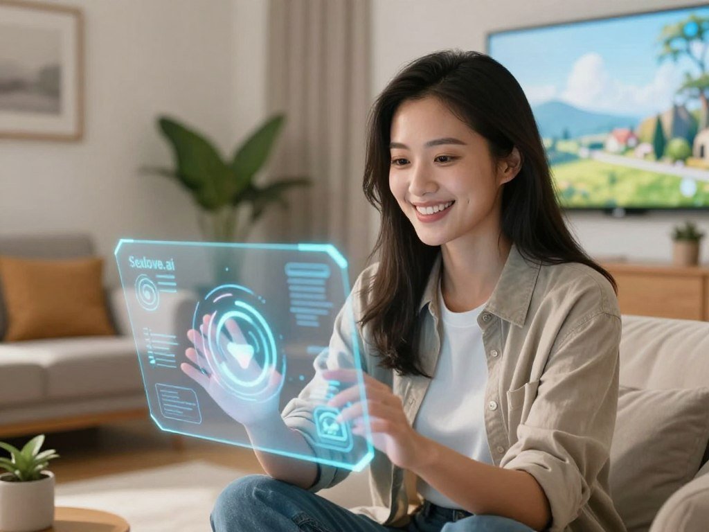 An intimate scene featuring a virtual AI girlfriend from the app "Sexlove.ai." In the foreground, a woman with an approachable smile and friendly demeanor, dressed in stylish yet modest casual clothing, is interacting with a holographic interface displaying glowing digital elements. In the middle ground, a cozy home setting with soft lighting creates a warm atmosphere&mdash;perhaps a well-decorated living room with plants and modern furniture. The background includes a serene view of a virtual landscape, merging reality and technology. The overall mood is uplifting and encouraging, capturing the essence of companionship and connection through AI. Use a slightly blurred focus on the background to emphasize the interaction in the foreground, and let natural light warmly illuminate the scene.