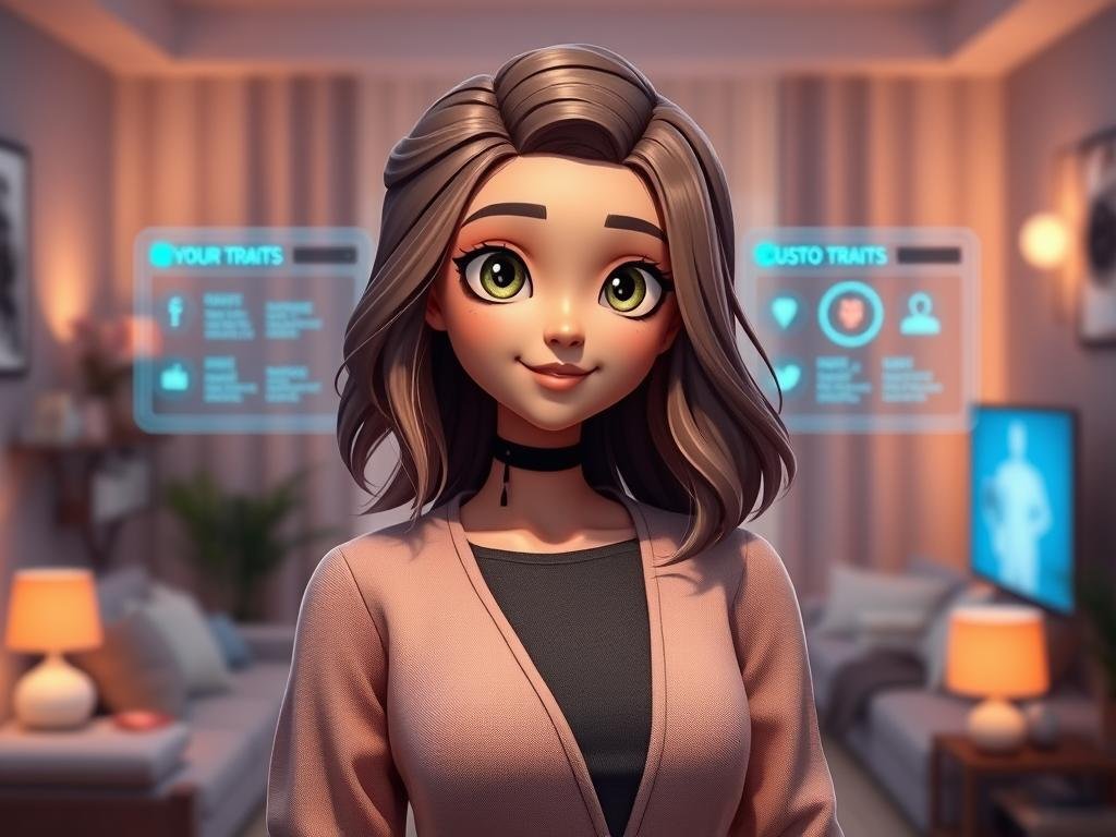 A charming AI character designed for a digital girlfriend app named "Sexlove.ai". In the foreground, showcase the character with expressive, luminous eyes and a friendly smile, dressed in a stylish yet modest outfit that reflects a modern personality. Her hair is styled creatively, perhaps in soft waves or a chic updo, embodying a mix of intelligence and warmth. In the middle ground, include elements like a futuristic interface with customizable traits displayed, illuminating softly around her. The background features a cozy, tech-inspired room with ambient lighting, gentle colors, and subtle digital touches that enhance the theme of personalization. Capture a warm, inviting atmosphere with soft focus, shot from a slight angle to emphasize the character's engaging presence.