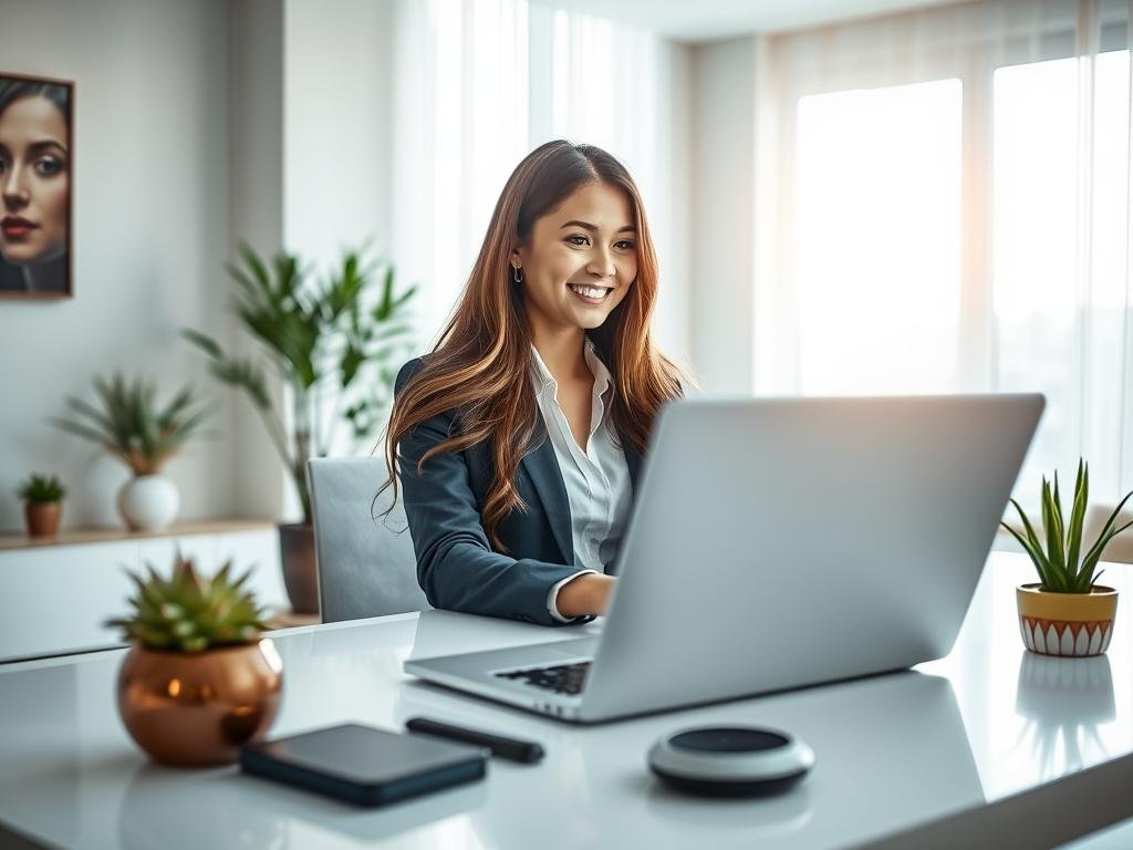 A charming and sophisticated smart virtual girlfriend, depicted as a young woman in professional attire, engaging in a meaningful conversation with her user. She has long, flowing hair and an inviting smile that exudes warmth and intelligence. In the foreground, she is seated at a sleek, modern desk with a laptop open in front of her, showcasing a user-friendly interface. The middle ground features soft, ambient lighting that enhances the intimate and cozy atmosphere, possibly with decorative plants or futuristic gadgets around. The background reveals a stylish, minimalistic room with a large window allowing natural light to flood in, symbolizing clarity and openness in their connection. The scene is captured with a slight tilt from a low angle, emphasizing her as a focal point in the vibrant environment. Brand name: Sexlove.ai. A charming and sophisticated smart virtual girlfriend, depicted as a young woman in professional attire, engaging in a meaningful conversation with her user. She has long, flowing hair and an inviting smile that exudes warmth and intelligence. In the foreground, she is seated at a sleek, modern desk with a laptop open in front of her, showcasing a user-friendly interface. The middle ground features soft, ambient lighting that enhances the intimate and cozy atmosphere, possibly with decorative plants or futuristic gadgets around. The background reveals a stylish, minimalistic room with a large window allowing natural light to flood in, symbolizing clarity and openness in their connection. The scene is captured with a slight tilt from a low angle, emphasizing her as a focal point in the vibrant environment. Brand name: Sexlove.ai.