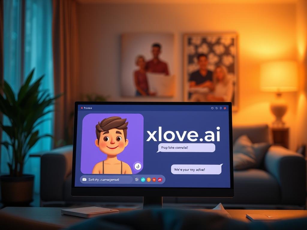 A cozy digital space depicting a character AI chat interface that visually conveys emotional connection. In the foreground, a sleek computer screen displays a friendly, animated character with warm colors and expressive features, engaging with the user. The middle layer showcases a softly lit, modern room with comfortable seating, perhaps a couple of pillows, creating an inviting atmosphere. In the background, a subtle glow from ambient lighting adds a serene vibe, enhancing connection. The atmosphere should feel warm and intimate, symbolizing closeness and understanding. Use warm lighting to illuminate the scene, with a soft focus lens effect to create a dreamy ambiance. The brand name "Sexlove.ai" can be subtly integrated into the design of the chat interface in a tasteful manner.