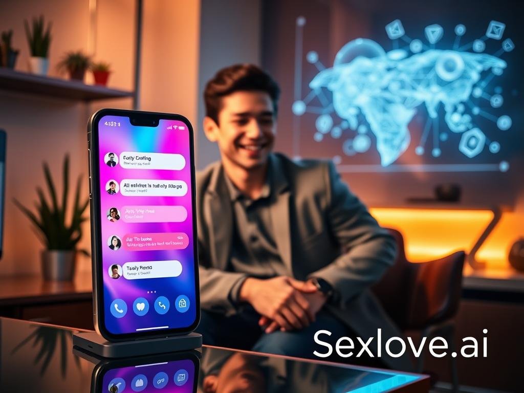 A cozy, futuristic digital space depicting an AI girlfriend chat experience. In the foreground, a sleek, modern smartphone displays an engaging chat interface with vibrant colors, showcasing the lively interaction without any text. In the middle, a young adult, dressed in smart casual attire, leans casually against a stylish desk, smiling as they gaze at the phone. Their expression reflects joy and curiosity, embodying the positive emotional impact of engaging with an AI chat partner. The background features soft, ambient lighting with a holographic display of intelligent algorithms subtly illuminated to enhance the tech-savvy atmosphere. The overall mood is warm and inviting, emphasizing connection and companionship. Include the logo "Sexlove.ai" subtly integrated into the design. A cozy, futuristic digital space depicting an AI girlfriend chat experience. In the foreground, a sleek, modern smartphone displays an engaging chat interface with vibrant colors, showcasing the lively interaction without any text. In the middle, a young adult, dressed in smart casual attire, leans casually against a stylish desk, smiling as they gaze at the phone. Their expression reflects joy and curiosity, embodying the positive emotional impact of engaging with an AI chat partner. The background features soft, ambient lighting with a holographic display of intelligent algorithms subtly illuminated to enhance the tech-savvy atmosphere. The overall mood is warm and inviting, emphasizing connection and companionship. Include the logo "Sexlove.ai" subtly integrated into the design.