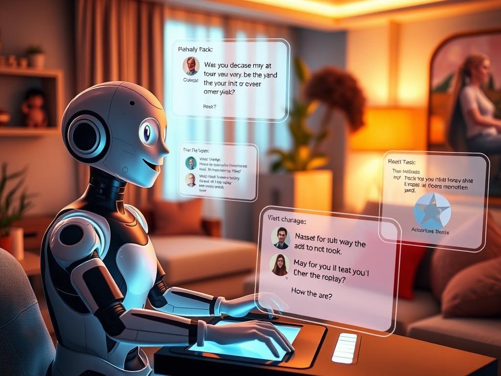 a Cozy, Intimate Setting Featuring a Virtual Ai Character Engaging in Roleplay with a User. in the Foreground, a Friendly Ai Avatar with a Futuristic Appearance, Composed of Soft, Glowing Features and an Approachable Smile, Sits at a Sleek Digital Interface. the User, Dressed in Casual Yet Stylish Attire, Appears Engaged and Expressive, Focusing on the Interaction. in the Middle Ground, Holographic Displays Showcase Snippets of Dialogue and Character Options, Emphasizing the Mechanics of Ai Roleplay. the Background Features a Tranquil Room with Warm Lighting, Soft Colors, and Futuristic Decor, Creating a Relaxing Atmosphere. the Scene Conveys a Sense of Companionship and Creativity, Illustrating the Innovative Nature of Ai Interactions Powered by Sexlove.ai.