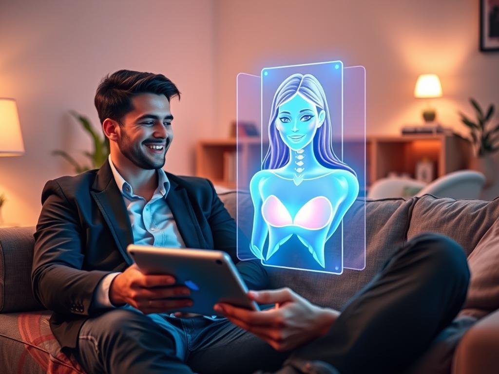 A cozy, inviting room where a person interacts with an AI girlfriend through a sleek, futuristic device. In the foreground, the main subject is a well-dressed young professional male, casually seated on a modern couch, engrossed in the glowing screen of a tablet showcasing the Sexlove.ai app. His expression is one of joy and curiosity. In the middle, a holographic representation of an AI girlfriend appears, depicted as a friendly and approachable digital avatar with vibrant colors and a warm smile. The background features soft, ambient lighting that creates a relaxed atmosphere, with comfy furniture and a few personal touches like books and plants enhancing the environment. The scene conveys a sense of connection and engagement in a safe, friendly space. A cozy, inviting room where a person interacts with an AI girlfriend through a sleek, futuristic device. In the foreground, the main subject is a well-dressed young professional male, casually seated on a modern couch, engrossed in the glowing screen of a tablet showcasing the Sexlove.ai app. His expression is one of joy and curiosity. In the middle, a holographic representation of an AI girlfriend appears, depicted as a friendly and approachable digital avatar with vibrant colors and a warm smile. The background features soft, ambient lighting that creates a relaxed atmosphere, with comfy furniture and a few personal touches like books and plants enhancing the environment. The scene conveys a sense of connection and engagement in a safe, friendly space.