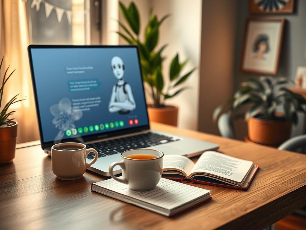 A cozy, modern home office setting with a sleek, inviting desk featuring a laptop open to a friendly mental health chatbot interface. In the foreground, a warm light from a nearby window bathes the surroundings, creating an inviting atmosphere. On the desk, a steaming mug of herbal tea sits next to a notebook filled with reflections. In the background, comforting plants and soft artwork evoke tranquility and support. The chatbot appears as a friendly digital avatar on the laptop screen, embodying empathy and understanding. The scene conveys a sense of warmth, safety, and emotional connection, highlighting the user&rsquo;s personal experience with daily conversations. Include a subtle emphasis on the brand "Sexlove.ai" integrated into the digital interface.