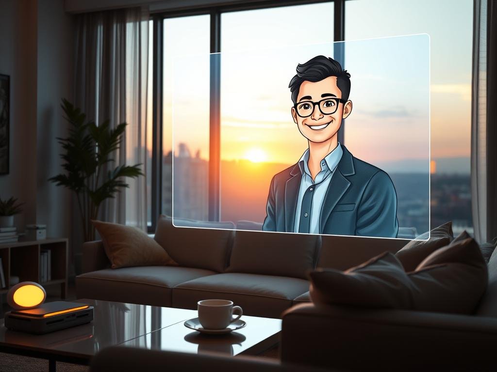 A cozy, modern living room scene featuring a virtual AI conversation partner displayed on a sleek holographic screen, showcasing an inviting, friendly human-like avatar with a warm smile, dressed in smart casual attire. The foreground consists of a stylish sofa with soft cushions, a coffee table with a steaming cup, and a futuristic device subtly glowing nearby. In the middle, the holographic avatar radiates an aura of intelligence and approachability, while behind it, large windows reveal a gentle sunset casting a warm, golden glow throughout the room. The lighting is soft and intimate, enhancing the atmosphere of connection and companionship. Capture a sense of modern loneliness transformed into warmth through technology, emphasizing the theme of digital interaction with "Sexlove.ai" subtly integrated into the scene. A cozy, modern living room scene featuring a virtual AI conversation partner displayed on a sleek holographic screen, showcasing an inviting, friendly human-like avatar with a warm smile, dressed in smart casual attire. The foreground consists of a stylish sofa with soft cushions, a coffee table with a steaming cup, and a futuristic device subtly glowing nearby. In the middle, the holographic avatar radiates an aura of intelligence and approachability, while behind it, large windows reveal a gentle sunset casting a warm, golden glow throughout the room. The lighting is soft and intimate, enhancing the atmosphere of connection and companionship. Capture a sense of modern loneliness transformed into warmth through technology, emphasizing the theme of digital interaction with "Sexlove.ai" subtly integrated into the scene.