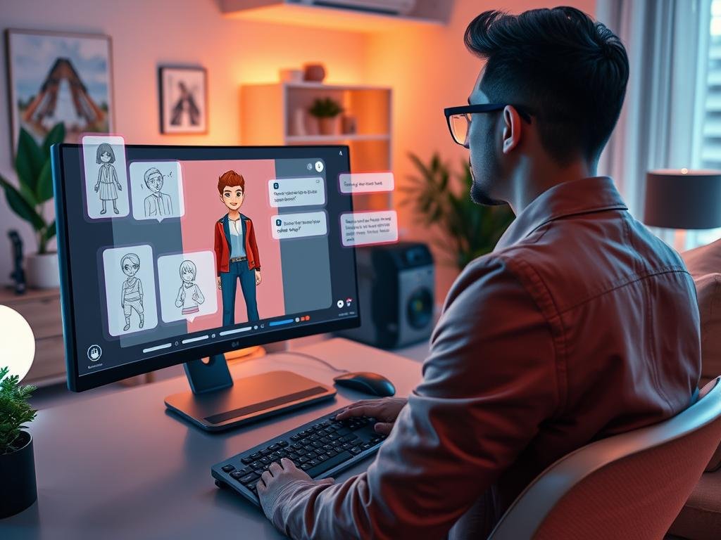 a Cozy, Modern Virtual Environment Illustrating Character Roleplay in a Vibrant Home Office Setting. in the Foreground, a Stylishly Dressed Individual Interacts with a Sleek Computer Showcasing the Interface of the "sexlove.ai" App. the Character on the Screen is Depicted As an Engaging, Friendly Ai Companion Wearing Casual Yet Smart Attire, Exuding Warmth and Approachability. in the Middle Ground, Various Roleplay Elements Like Character Sketches and Dialogue Prompts Float in Holographic Displays, Emphasizing Creativity. the Background Features Soft, Ambient Lighting with Warm Colors, Creating a Comfortable Atmosphere. the Angle Captures Both the User and the Screen, Suggesting Immersion in the Digital Experience, with an Overall Mood of Excitement and Connection in the Realm of Ai-driven Character Interactions.