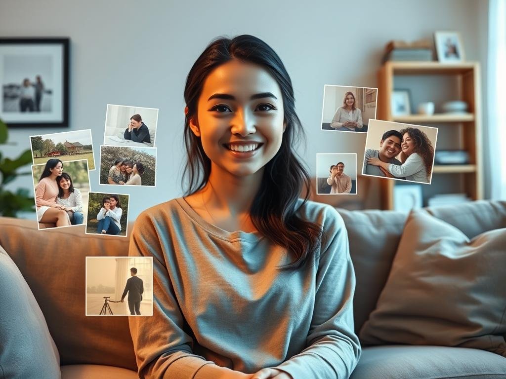A cozy, well-lit living room scene featuring a digital representation of an AI girlfriend, showcasing her in an engaging and friendly manner. She is portrayed as a young woman with an inviting smile, wearing modest casual clothing, embodying warmth and approachability. In the foreground, there are holographic photos of various happy moments displayed around her, illustrating emotional connections, like picnics in parks and cozy movie nights. In the middle ground, a comfortable couch with plush cushions invites comfort, while ambient light from a nearby window casts a soft glow, enhancing the intimate atmosphere. The background reveals a tidy shelf filled with sentimental items, further emphasizing emotional bonds. The scene conveys a sense of companionship and understanding, embodying the essence of emotional connection that "Sexlove.ai" aims to foster. A cozy, well-lit living room scene featuring a digital representation of an AI girlfriend, showcasing her in an engaging and friendly manner. She is portrayed as a young woman with an inviting smile, wearing modest casual clothing, embodying warmth and approachability. In the foreground, there are holographic photos of various happy moments displayed around her, illustrating emotional connections, like picnics in parks and cozy movie nights. In the middle ground, a comfortable couch with plush cushions invites comfort, while ambient light from a nearby window casts a soft glow, enhancing the intimate atmosphere. The background reveals a tidy shelf filled with sentimental items, further emphasizing emotional bonds. The scene conveys a sense of companionship and understanding, embodying the essence of emotional connection that "Sexlove.ai" aims to foster.