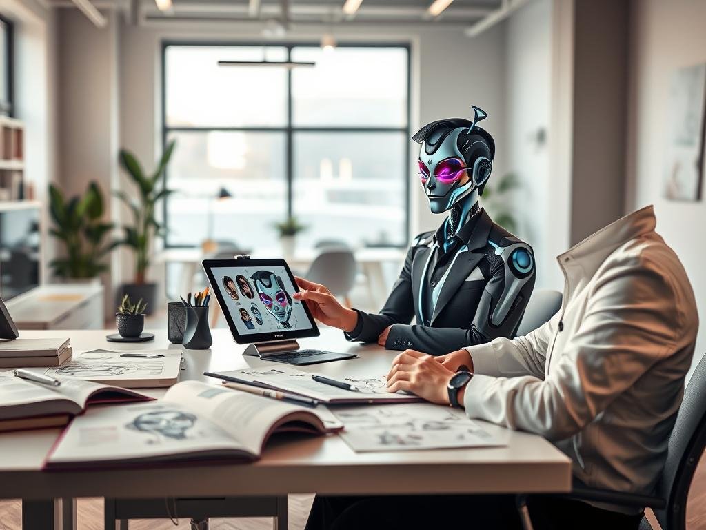 A creative workspace featuring a futuristic AI character design process. In the foreground, an artist sits at a sleek desk with digital tools, sketching a stylish AI character on a tablet, dressed in professional attire. The character on the screen is an imaginative blend of human and robotic features, exhibiting a friendly expression, vibrant colors, and glowing elements. In the middle ground, books and sketches of various AI design concepts are scattered, showcasing creativity and inspiration. The background offers a modern office with soft, balanced lighting creating a warm atmosphere. Large windows allow natural light to spill in, enhancing the inviting ambiance. The overall mood is one of innovation and excitement, capturing the essence of creating personalized characters with the app "Sexlove.ai". A creative workspace featuring a futuristic AI character design process. In the foreground, an artist sits at a sleek desk with digital tools, sketching a stylish AI character on a tablet, dressed in professional attire. The character on the screen is an imaginative blend of human and robotic features, exhibiting a friendly expression, vibrant colors, and glowing elements. In the middle ground, books and sketches of various AI design concepts are scattered, showcasing creativity and inspiration. The background offers a modern office with soft, balanced lighting creating a warm atmosphere. Large windows allow natural light to spill in, enhancing the inviting ambiance. The overall mood is one of innovation and excitement, capturing the essence of creating personalized characters with the app "Sexlove.ai".