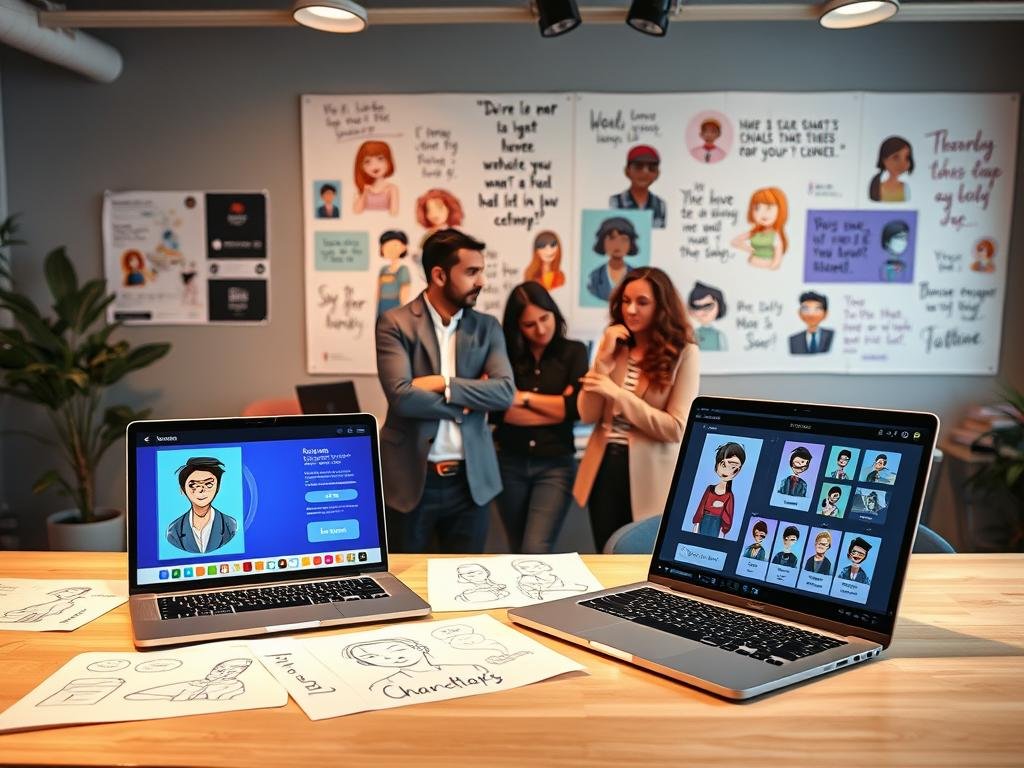 A creative workspace illustrating the process of developing a unique digital persona, focused on crafting AI character backstories. In the foreground, a modern computer desk displays a sleek laptop screen showing a vibrant digital avatar creation interface, surrounded by sketches of character profiles and attributes. The middle ground features a diverse group of three individuals, representing creators immersed in brainstorming, deep in thought—dressed in smart casual attire. In the background, a wall adorned with colorful character designs and inspirational quotes about creativity enhances the atmosphere. Soft, warm lighting illuminates the scene, creating a welcoming and imaginative ambiance. The overall mood is collaborative and inspiring, reflecting innovation in character design for the platform "Sexlove.ai". A creative workspace illustrating the process of developing a unique digital persona, focused on crafting AI character backstories. In the foreground, a modern computer desk displays a sleek laptop screen showing a vibrant digital avatar creation interface, surrounded by sketches of character profiles and attributes. The middle ground features a diverse group of three individuals, representing creators immersed in brainstorming, deep in thought—dressed in smart casual attire. In the background, a wall adorned with colorful character designs and inspirational quotes about creativity enhances the atmosphere. Soft, warm lighting illuminates the scene, creating a welcoming and imaginative ambiance. The overall mood is collaborative and inspiring, reflecting innovation in character design for the platform "Sexlove.ai".