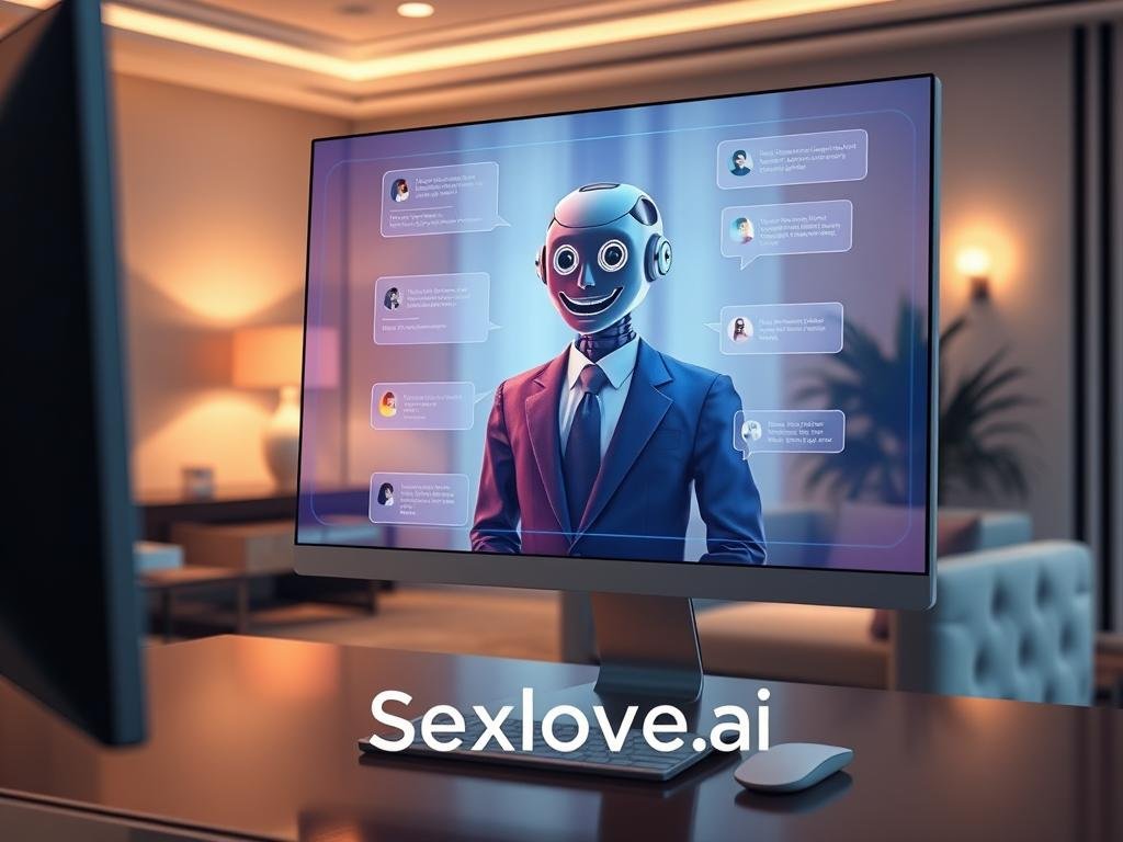 A digital art representation of a sophisticated AI interface designed for adult language conversation. In the foreground, a sleek, high-tech computer screen displays a vibrant holographic representation of a chatbot with a friendly, approachable expression, dressed in professional business attire. In the middle ground, soft light glows around the chatbot as it engages in a dynamic, flowing dialogue that evokes warmth and relatability. The background features an elegant, modern office setting with soft colors, ambient lighting, and tasteful decor that suggests a comfortable and inviting atmosphere. The overall mood is one of professionalism and innovation, highlighting the intersection of technology and adult conversation. Include the brand name "Sexlove.ai" subtly integrated into the design, ensuring a clean and polished look. A digital art representation of a sophisticated AI interface designed for adult language conversation. In the foreground, a sleek, high-tech computer screen displays a vibrant holographic representation of a chatbot with a friendly, approachable expression, dressed in professional business attire. In the middle ground, soft light glows around the chatbot as it engages in a dynamic, flowing dialogue that evokes warmth and relatability. The background features an elegant, modern office setting with soft colors, ambient lighting, and tasteful decor that suggests a comfortable and inviting atmosphere. The overall mood is one of professionalism and innovation, highlighting the intersection of technology and adult conversation. Include the brand name "Sexlove.ai" subtly integrated into the design, ensuring a clean and polished look.