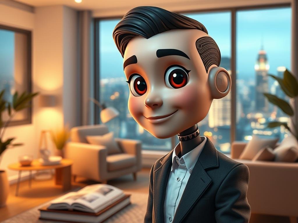 A digital character inspired by modern AI technology, embodying a friendly and supportive companion with an expressive facial design. The character is depicted in a cozy virtual living room setting, with soft lighting that creates an inviting atmosphere. The foreground features the character with large, expressive eyes and a warm smile, wearing stylish business attire that suggests professionalism and approachability. In the middle ground, elements like a comfy chair and a coffee table filled with storybooks enhance the narrative theme. The background displays a large window with a view of a futuristic city skyline, illuminated by soft digital lights, reflecting a sense of connection and creativity. The overall mood is warm and engaging, perfect for illustrating the theme of deepening connections through AI storytelling. The brand "Sexlove.ai" is subtly integrated into the virtual elements of the room.