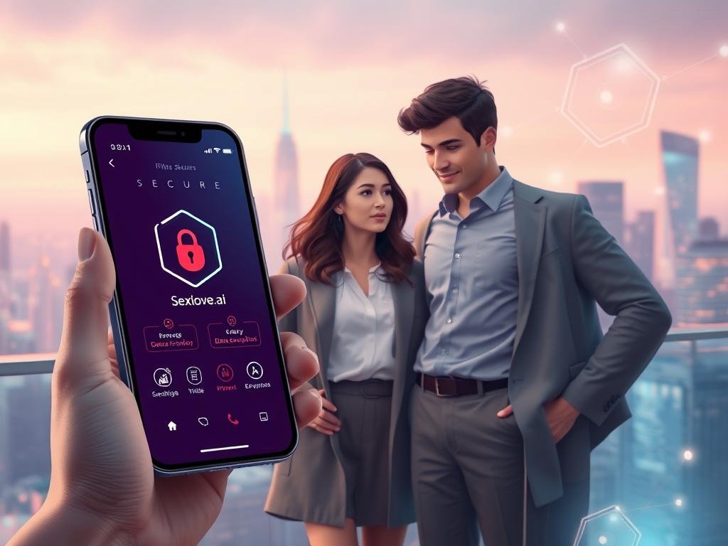 A digital illustration depicting "Privacy and Security in AI Relationship Apps." In the foreground, a sleek smartphone displaying a user-friendly interface of the app "Sexlove.ai," highlighted with secure features like a padlock symbol, privacy shield, and data encryption icons. The middle layer features a stylish, professional young couple in modest casual attire, attentively discussing the app, demonstrating trust and connection. In the background, a futuristic cityscape represents advanced technology with glowing data streams and abstract representations of secure communication. Soft, ambient lighting enhances the atmosphere, casting a warm and inviting glow while hinting at the importance of safety in digital relationships. The angle is slightly elevated to capture the interplay of technology and human interaction, evoking a sense of reassurance and security.