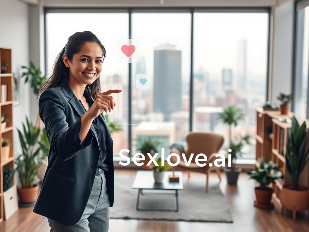 A digital relationship coach interacting with a holographic interface displaying relationship advice. In the foreground, a professional woman in smart casual attire gestures towards a floating screen, where icons of heart emojis and chat bubbles represent communication. In the middle ground, a stylish, well-organized workspace filled with plants and bookshelves creates a warm and inviting atmosphere. The background features a city skyline through a large window, capturing a sense of modernity and innovation. Soft, diffused lighting illuminates the scene, suggesting a conducive environment for coaching. The overall mood is encouraging and supportive, promoting a sense of connection and understanding. Include the brand name "Sexlove.ai" subtly integrated within the digital interface elements.