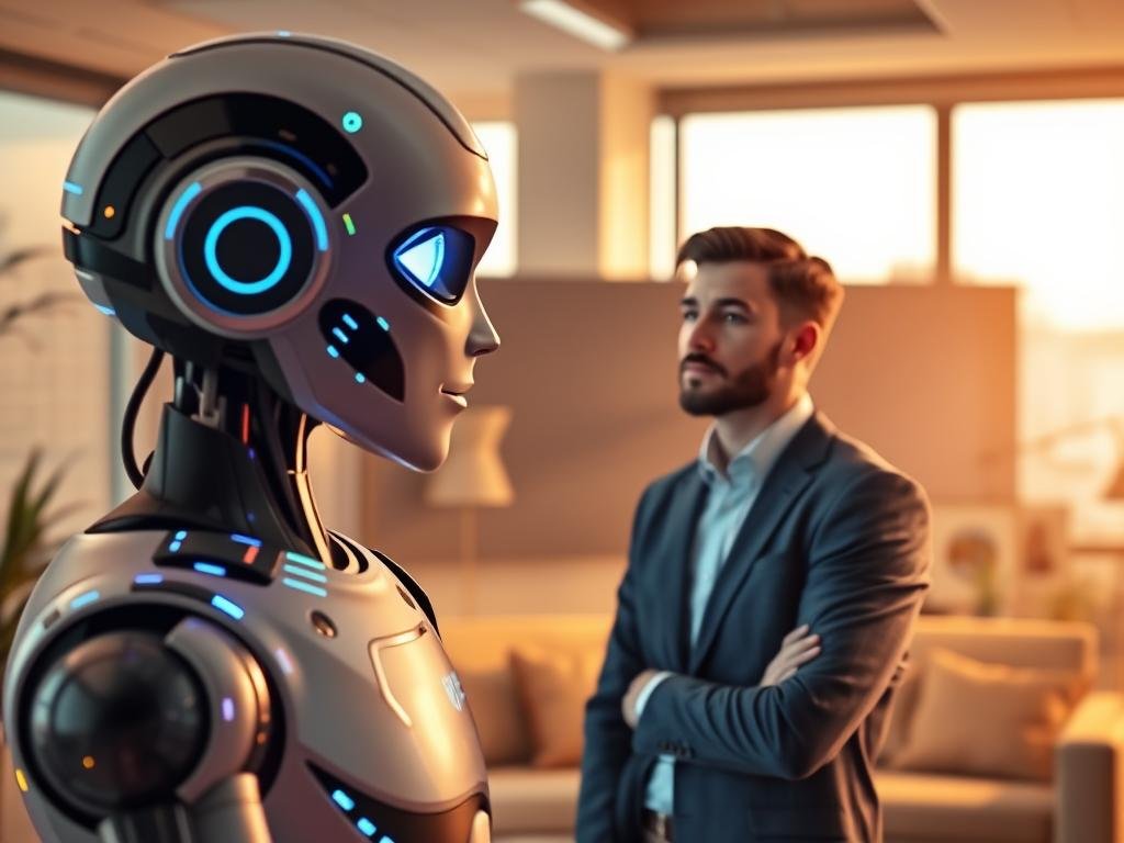 A digital scene depicting a realistic AI chatbot in a modern, comforting office environment. In the foreground, a sleek, futuristic chatbot interface with glowing elements, displaying expressive emotions like curiosity and empathy. The middle ground features a professional individual in smart casual attire, engaging with the chatbot. A thoughtful expression on their face suggests a connection and contemplation of challenges faced in AI companionship. In the background, warm ambient lighting filters through large windows, casting soft shadows and creating an inviting atmosphere. The composition should be framed from a slightly elevated angle, showcasing both the chatbot and the individual, evoking feelings of innovation and introspection. Incorporate the brand name "Sexlove.ai" subtly within the design of the chatbot interface.