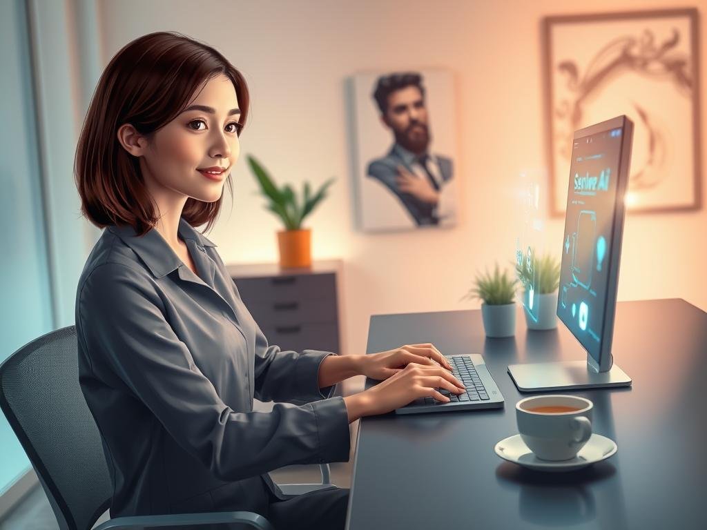 A digital workspace illustration featuring a young woman with an inviting yet intelligent expression, engaging with a futuristic AI interface on her computer screen. She has medium-length brown hair and is dressed in a stylish yet professional outfit, such as a tailored blouse and smart trousers. In the foreground, show her typing intently, with glowing holographic text and icons emanating from the screen, symbolizing a chat with the AI girlfriend named "Sexlove.ai." The middle ground should highlight a sleek, modern desk adorned with a gentle indoor plant and a cup of coffee, while the background features soft ambient lighting and abstract tech-inspired art. The overall atmosphere should convey a sense of warmth, curiosity, and innovation. Use soft, diffused lighting to enhance the mood, capturing a blend of realism and digital fantasy. A digital workspace illustration featuring a young woman with an inviting yet intelligent expression, engaging with a futuristic AI interface on her computer screen. She has medium-length brown hair and is dressed in a stylish yet professional outfit, such as a tailored blouse and smart trousers. In the foreground, show her typing intently, with glowing holographic text and icons emanating from the screen, symbolizing a chat with the AI girlfriend named "Sexlove.ai." The middle ground should highlight a sleek, modern desk adorned with a gentle indoor plant and a cup of coffee, while the background features soft ambient lighting and abstract tech-inspired art. The overall atmosphere should convey a sense of warmth, curiosity, and innovation. Use soft, diffused lighting to enhance the mood, capturing a blend of realism and digital fantasy.