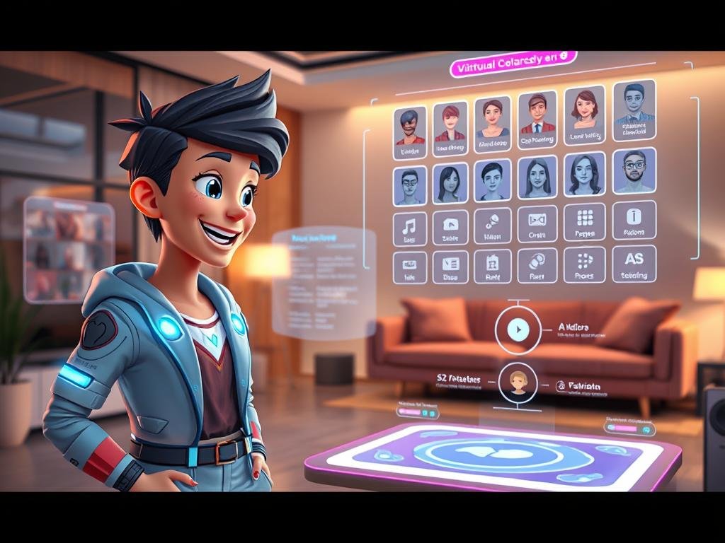A dynamic scene depicting a virtual character roleplay environment inspired by the app "Sexlove.ai". In the foreground, a friendly, humanoid virtual character with vibrant, expressive features is engaged in a conversation, showcasing a warm smile and inviting body language. The character's design incorporates futuristic elements, like glowing accents and a unique outfit blending casual and professional styles. In the middle ground, a large, holographic interface displays various character options and interaction choices, inviting users to explore. The background features a sleek, modern virtual living space, softly illuminated by ambient lighting that creates a welcoming atmosphere. The setting conveys a sense of connection and engagement, emphasizing the importance of personality in virtual interactions, shot from a slightly elevated angle to capture the depth of the scene. A dynamic scene depicting a virtual character roleplay environment inspired by the app "Sexlove.ai". In the foreground, a friendly, humanoid virtual character with vibrant, expressive features is engaged in a conversation, showcasing a warm smile and inviting body language. The character's design incorporates futuristic elements, like glowing accents and a unique outfit blending casual and professional styles. In the middle ground, a large, holographic interface displays various character options and interaction choices, inviting users to explore. The background features a sleek, modern virtual living space, softly illuminated by ambient lighting that creates a welcoming atmosphere. The setting conveys a sense of connection and engagement, emphasizing the importance of personality in virtual interactions, shot from a slightly elevated angle to capture the depth of the scene.