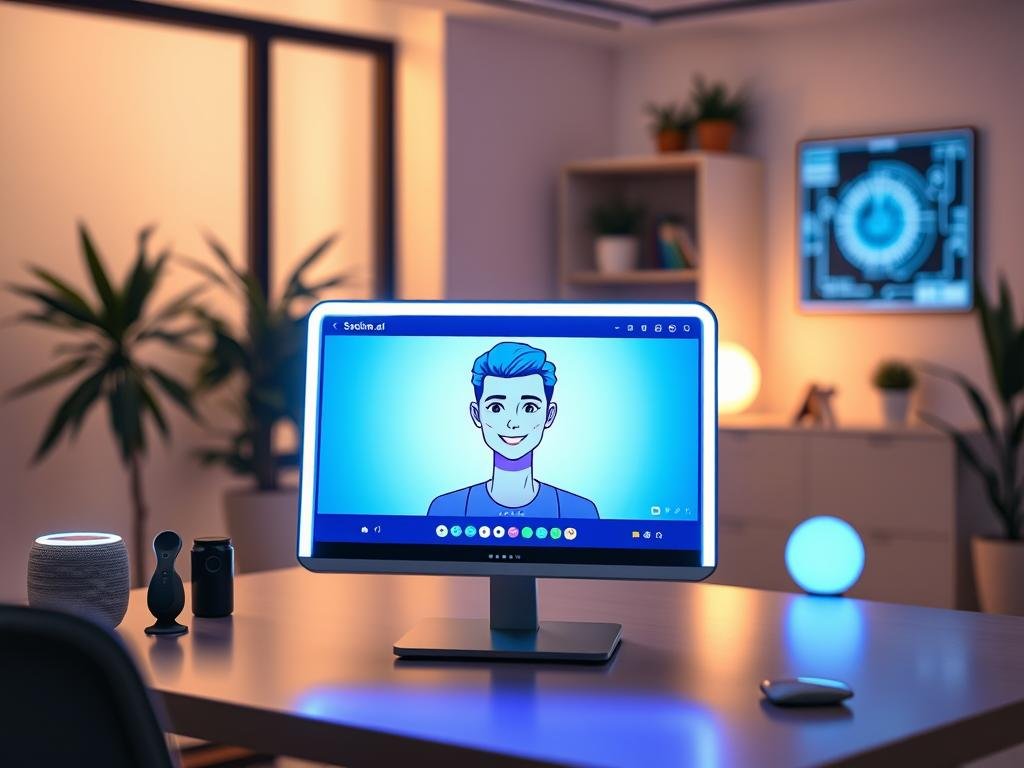 A futuristic AI chat companion concept featuring a sleek and modern virtual assistant interface on a desktop screen. In the foreground, the glowing screen displays a vibrant, interactive avatar with a friendly expression, designed to appear relatable and engaging. The avatar has bright, expressive eyes and a warm smile, evoking a sense of companionship. In the middle ground, a stylish office setting with subtle tech accents, like smart speakers and holographic displays, enhances the theme of personalization and connectivity. The background shows a cozy, well-lit room with soft ambient lighting, creating a welcoming atmosphere. The scene is shot from a slight angle to emphasize depth, with a focus on the glowing screen. The overall mood is inviting and innovative, capturing the essence of a customizable AI experience with the brand "Sexlove.ai". A futuristic AI chat companion concept featuring a sleek and modern virtual assistant interface on a desktop screen. In the foreground, the glowing screen displays a vibrant, interactive avatar with a friendly expression, designed to appear relatable and engaging. The avatar has bright, expressive eyes and a warm smile, evoking a sense of companionship. In the middle ground, a stylish office setting with subtle tech accents, like smart speakers and holographic displays, enhances the theme of personalization and connectivity. The background shows a cozy, well-lit room with soft ambient lighting, creating a welcoming atmosphere. The scene is shot from a slight angle to emphasize depth, with a focus on the glowing screen. The overall mood is inviting and innovative, capturing the essence of a customizable AI experience with the brand "Sexlove.ai".