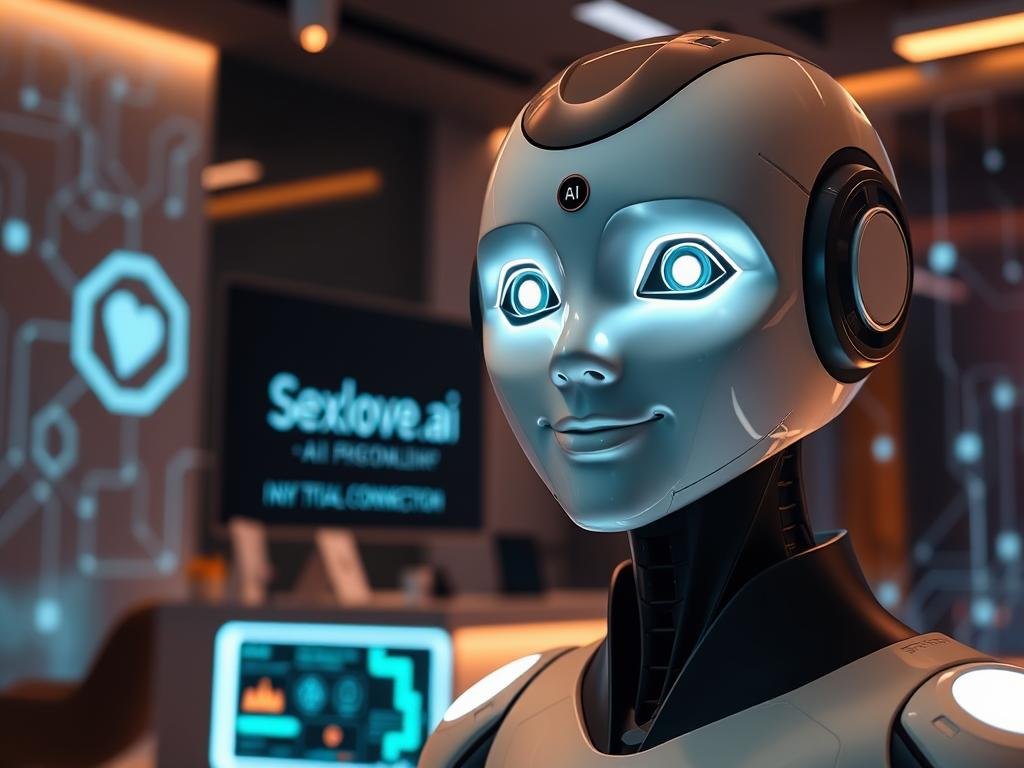 A futuristic AI chatbot depicted as a sleek, humanoid interface with glowing features, seamlessly blending technology and personality. In the foreground, the chatbot has an engaging, friendly face with luminous eyes and a soft smile, wearing modest, stylish attire that conveys professionalism. The middle ground features a stylish, modern workspace with a digital display showcasing the logo of "Sexlove.ai" and various interactive elements hinting at personalized companionship. Soft, ambient lighting highlights the chatbot, while a warm color palette creates an inviting atmosphere. The background includes abstract digital patterns representing data flow and human connection, captured from a slightly low angle to emphasize the chatbot's presence, ensuring the mood reflects innovation and approachability in virtual companionship. A futuristic AI chatbot depicted as a sleek, humanoid interface with glowing features, seamlessly blending technology and personality. In the foreground, the chatbot has an engaging, friendly face with luminous eyes and a soft smile, wearing modest, stylish attire that conveys professionalism. The middle ground features a stylish, modern workspace with a digital display showcasing the logo of "Sexlove.ai" and various interactive elements hinting at personalized companionship. Soft, ambient lighting highlights the chatbot, while a warm color palette creates an inviting atmosphere. The background includes abstract digital patterns representing data flow and human connection, captured from a slightly low angle to emphasize the chatbot's presence, ensuring the mood reflects innovation and approachability in virtual companionship.