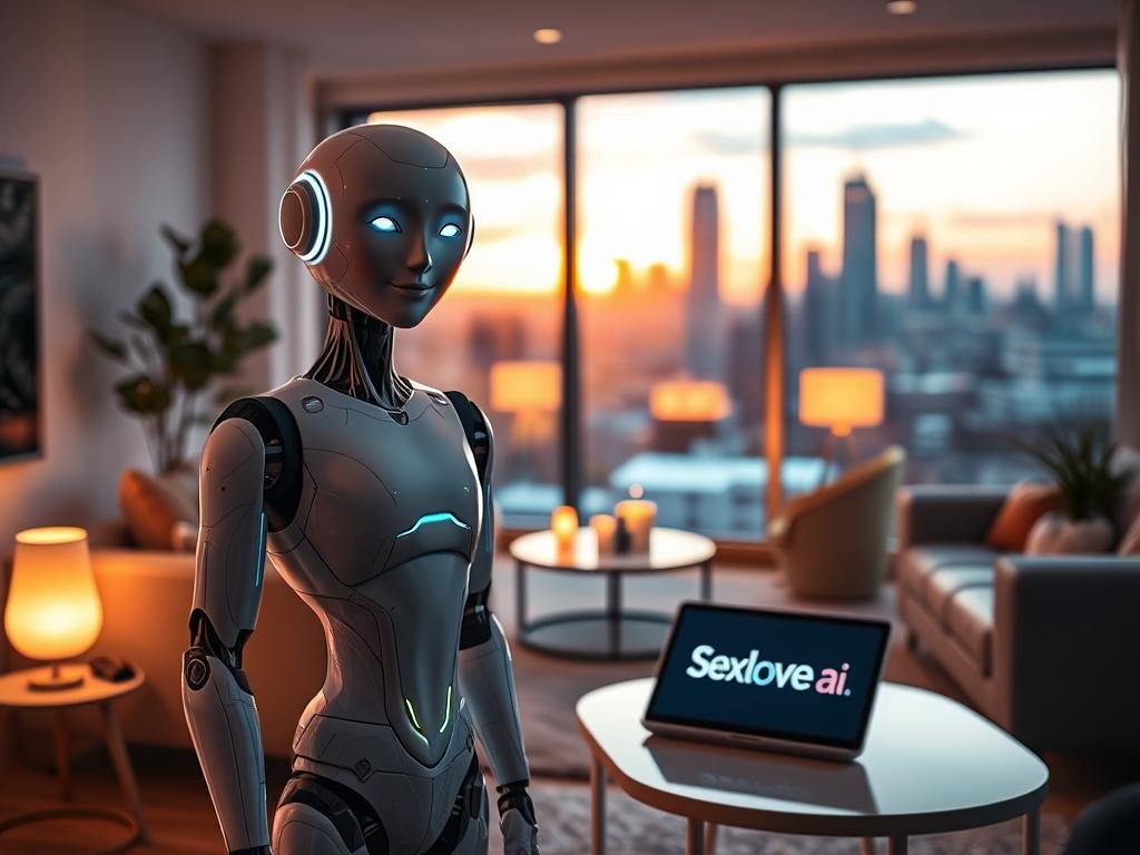 A futuristic AI companion designed with a sleek, humanoid appearance, exuding warmth and intelligence. In the foreground, the AI figure stands with a friendly smile, wearing stylish, modest casual attire, with subtle glowing features that hint at its digital nature. In the middle ground, a cozy, modern living room environment is depicted, featuring soft lighting emanating from ambient lamps, creating an inviting atmosphere. The background showcases a window with a serene view of a city skyline at sunset, casting a warm golden hue throughout the scene. The overall mood is uplifting and comforting, capturing the essence of companionship and connection. Incorporate the brand name "Sexlove.ai" as a part of the environment subtly, like on a sleek digital tablet on a nearby table. A futuristic AI companion designed with a sleek, humanoid appearance, exuding warmth and intelligence. In the foreground, the AI figure stands with a friendly smile, wearing stylish, modest casual attire, with subtle glowing features that hint at its digital nature. In the middle ground, a cozy, modern living room environment is depicted, featuring soft lighting emanating from ambient lamps, creating an inviting atmosphere. The background showcases a window with a serene view of a city skyline at sunset, casting a warm golden hue throughout the scene. The overall mood is uplifting and comforting, capturing the essence of companionship and connection. Incorporate the brand name "Sexlove.ai" as a part of the environment subtly, like on a sleek digital tablet on a nearby table.