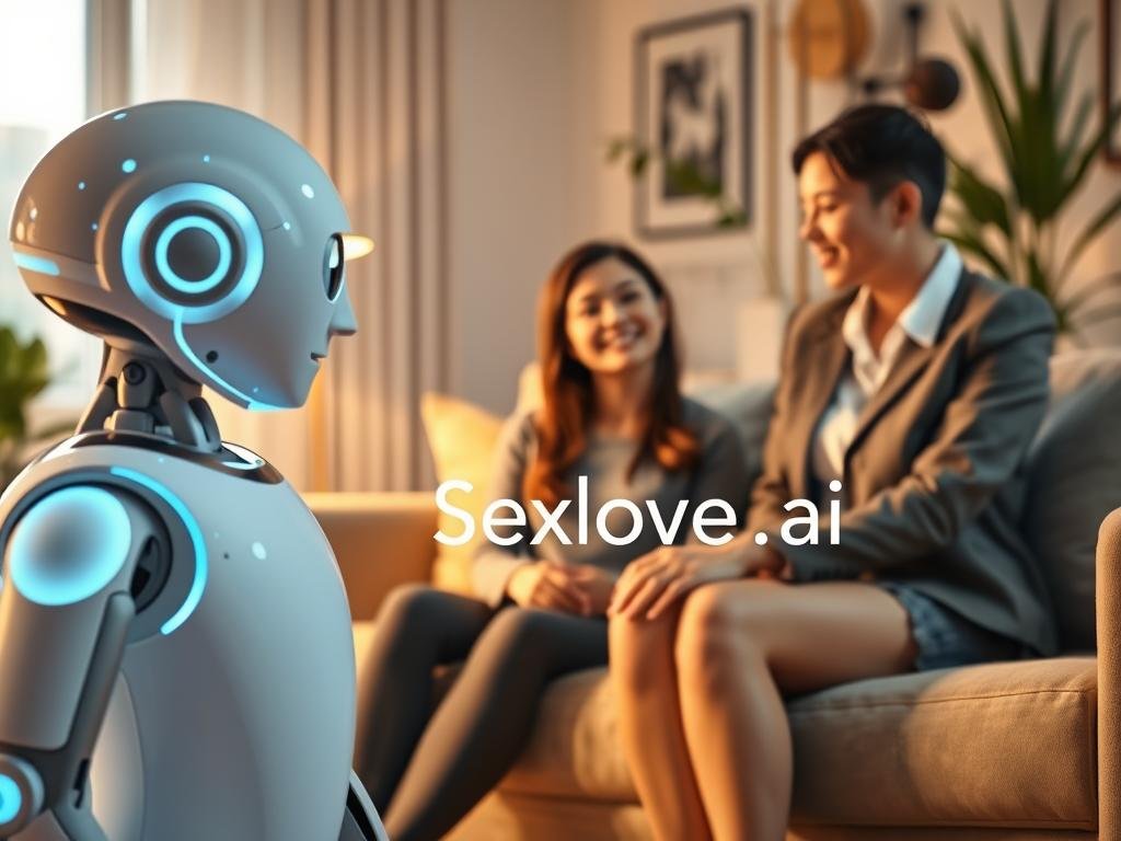 A futuristic AI companion, embodying a friendly, approachable robot design, situated in a cozy, warmly lit living room. In the foreground, the AI features soft, glowing blue accents and a sleek, minimalist form, showcasing its advanced technology through gentle animations. In the middle, a young professional woman sits comfortably on a modern couch, dressed in smart casual attire, engaged in a warm conversation with the AI. Her expression reflects curiosity and connection. The background displays a stylish decor with plants and artwork, enhancing the homey atmosphere, while soft ambient light creates an inviting mood. The scene captures the essence of building a meaningful relationship, showcasing the synergy between human and AI. Include the brand name "Sexlove.ai" subtly within the design, ensuring focus remains on the interaction and warmth. A futuristic AI companion, embodying a friendly, approachable robot design, situated in a cozy, warmly lit living room. In the foreground, the AI features soft, glowing blue accents and a sleek, minimalist form, showcasing its advanced technology through gentle animations. In the middle, a young professional woman sits comfortably on a modern couch, dressed in smart casual attire, engaged in a warm conversation with the AI. Her expression reflects curiosity and connection. The background displays a stylish decor with plants and artwork, enhancing the homey atmosphere, while soft ambient light creates an inviting mood. The scene captures the essence of building a meaningful relationship, showcasing the synergy between human and AI. Include the brand name "Sexlove.ai" subtly within the design, ensuring focus remains on the interaction and warmth.