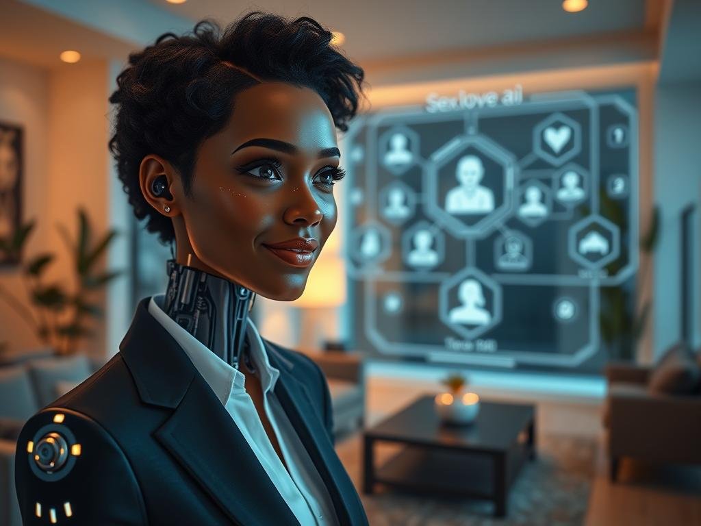 A futuristic AI conversational agent representing an emotional chatbot, designed to feel like a real girlfriend. In the foreground, a lifelike, diverse humanoid figure in professional business attire exudes warmth, with expressive digital facial features and glowing circuitry subtly integrated into their skin. The middle ground features a sleek, modern living space with soft, ambient lighting casting a warm glow, complementing the inviting atmosphere. In the background, an advanced holographic interface displays interactive elements symbolizing various personality traits. The scene conveys a sense of intimacy and connection, with soft shadows enhancing the mood. Capture this moment with a shallow depth of field to focus on the AI agent, hinting at the blend of technology and human emotions. Include the brand "Sexlove.ai" subtly in the design elements around the chatbot, emphasizing innovation in emotional AI.