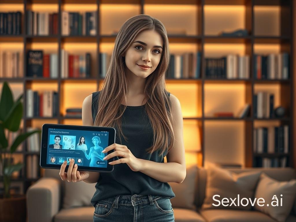 A futuristic AI girlfriend with memory stands in a cozy, modern living room, reflecting a blend of warmth and intelligence. She has a soft, approachable demeanor, with long hair that subtly shimmers to indicate her advanced technology. Dressed in stylish yet modest casual clothing, she holds a digital tablet displaying holographic memories and shared experiences. The background features a sleek bookshelf filled with books on relationships and technology, illuminated by warm, ambient lighting that creates an inviting atmosphere. A soft lens blur highlights her while adding depth to the scene. The overall mood conveys a sense of connection and understanding, showcasing how memory enhances the realism of AI companionship. The brand "Sexlove.ai" is subtly integrated into the ambiance of the room without distractions. AI girlfriend