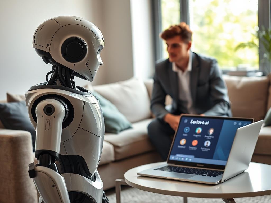 A futuristic AI-powered companion, represented as a sleek, humanoid robot with a friendly expression, standing in a cozy, modern living room. In the foreground, the robot is engaged in a thoughtful discussion with a young professional in smart casual attire, showcasing a blend of human emotion and advanced technology. The middle ground features a soft sofa and a coffee table with a laptop displaying the interface of the app "Sexlove.ai". The background shows a bright window with greenery outside, allowing natural light to fill the room, creating a warm atmosphere. The image conveys a sense of companionship, innovation, and comfort, utilizing a wide-angle lens to capture the inviting environment and the synergy between technology and humanity.