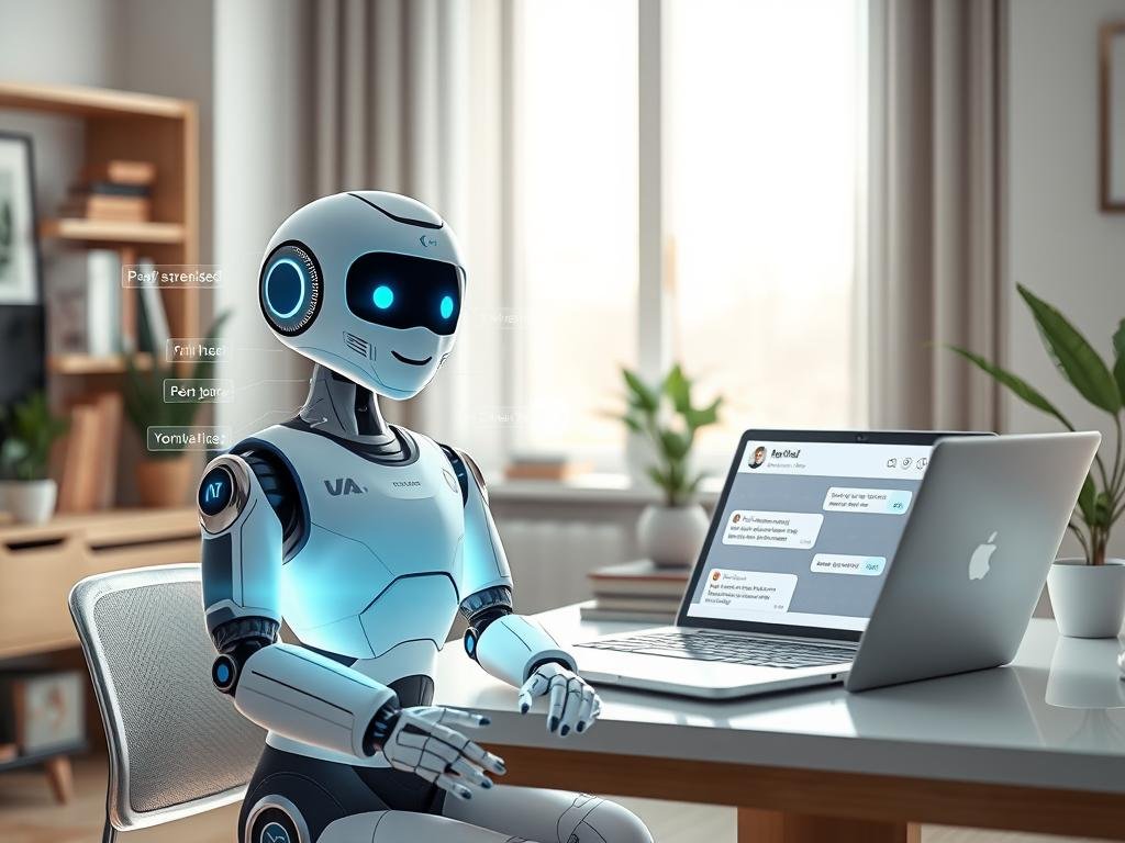 A futuristic AI virtual girlfriend concept for "Sexlove.ai," depicted in a cozy, modern home office. In the foreground, a charming, humanoid robot with a friendly expression, dressed in stylish yet modest casual attire, sits confidently at a sleek desk. Her holographic interface glows softly, displaying personalized messages and suggestions. In the middle ground, a laptop is open, showcasing friendly chat interactions, with plants and books adding a warm, inviting touch. The background features a large window with gentle natural light streaming in, creating an uplifting atmosphere. The scene conveys a sense of companionship and trust, with a serene color palette of soft blues and warm neutrals, emphasizing the innovative yet relatable nature of AI partners. A futuristic AI virtual girlfriend concept for "Sexlove.ai," depicted in a cozy, modern home office. In the foreground, a charming, humanoid robot with a friendly expression, dressed in stylish yet modest casual attire, sits confidently at a sleek desk. Her holographic interface glows softly, displaying personalized messages and suggestions. In the middle ground, a laptop is open, showcasing friendly chat interactions, with plants and books adding a warm, inviting touch. The background features a large window with gentle natural light streaming in, creating an uplifting atmosphere. The scene conveys a sense of companionship and trust, with a serene color palette of soft blues and warm neutrals, emphasizing the innovative yet relatable nature of AI partners.