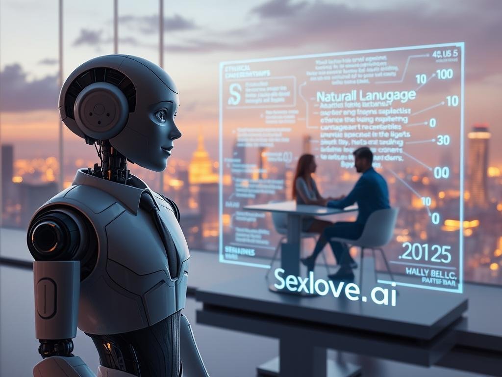 A futuristic and harmonious digital landscape illustrating "Natural Language Processing" as an essential part of AI-driven relationships. In the foreground, a humanoid robot with a friendly expression, dressed in professional business attire, interacts with a glowing holographic interface displaying flowing text and complex algorithms. In the middle ground, two individuals engaged in a conversation sit at a sleek table, surrounded by warm ambient lighting that casts a soft glow, symbolizing connection and empathy. In the background, a serene cityscape with modern architecture represents technological advancement. The atmosphere is thoughtful and engaging, emphasizing ethical considerations in AI. The branding "Sexlove.ai" is subtly integrated into the digital interface, blending seamlessly with the overall design.