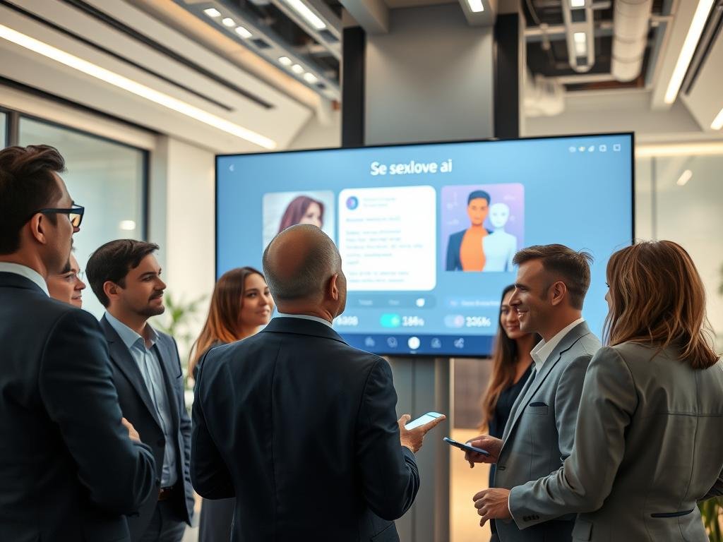 A futuristic and inviting workspace featuring a sleek, high-tech monitor displaying the interface of Sexlove.ai, an emotional AI chatbot. In the foreground, a diverse group of professionals, dressed in smart business attire, are engaged in discussions about the features of the AI, showcasing expressions of curiosity and intrigue. The middle ground highlights a large screen with an animated demo of the chatbot, illustrating its interaction capabilities. The background shows a bright, modern office space with soft, warm lighting, creating a welcoming atmosphere. Use a wide-angle lens perspective to capture the collaborative environment, emphasizing innovation and technology. A subtle glow from the screens enhances the mood of exploration and discovery, reflecting a sense of engagement with cutting-edge AI technology. A futuristic and inviting workspace featuring a sleek, high-tech monitor displaying the interface of Sexlove.ai, an emotional AI chatbot. In the foreground, a diverse group of professionals, dressed in smart business attire, are engaged in discussions about the features of the AI, showcasing expressions of curiosity and intrigue. The middle ground highlights a large screen with an animated demo of the chatbot, illustrating its interaction capabilities. The background shows a bright, modern office space with soft, warm lighting, creating a welcoming atmosphere. Use a wide-angle lens perspective to capture the collaborative environment, emphasizing innovation and technology. A subtle glow from the screens enhances the mood of exploration and discovery, reflecting a sense of engagement with cutting-edge AI technology.