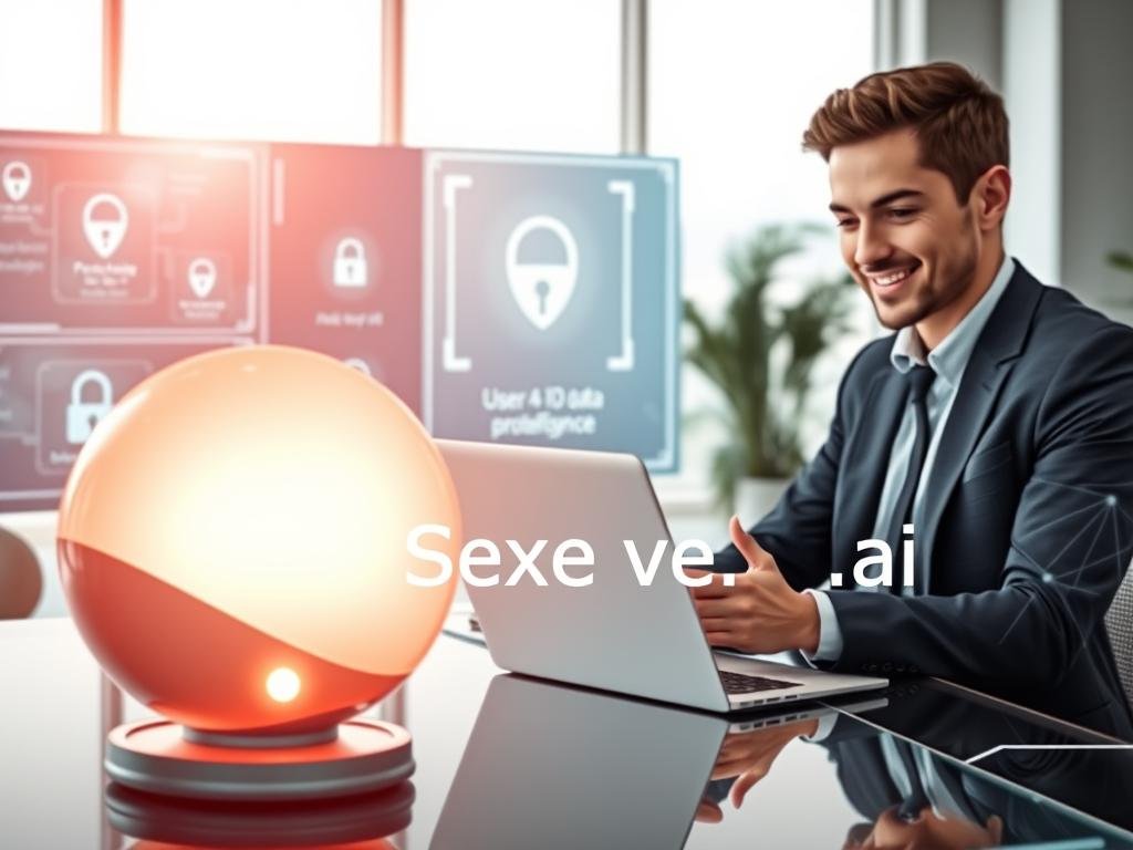 A futuristic and visually appealing AI companion chatbot, represented as a sleek, glowing orb with soft, ethereal lights emanating from it, symbolizes friendly intelligence. In the foreground, the orb interacts with a professional individual in business attire, showcasing a warm and engaged expression, seated at a modern desk with a high-tech laptop. The middle ground focuses on an array of advanced digital screens displaying privacy encryption symbols and user data protection graphics, reflecting a safe interaction atmosphere. The background suggests a serene, open office environment with large windows letting in soft, natural light, creating a calm and secure mood. The overall atmosphere is one of trust and innovation, resonating with the name "Sexlove.ai" subtly embedded within the ambiance, emphasizing the integration of AI in personal safety. A futuristic and visually appealing AI companion chatbot, represented as a sleek, glowing orb with soft, ethereal lights emanating from it, symbolizes friendly intelligence. In the foreground, the orb interacts with a professional individual in business attire, showcasing a warm and engaged expression, seated at a modern desk with a high-tech laptop. The middle ground focuses on an array of advanced digital screens displaying privacy encryption symbols and user data protection graphics, reflecting a safe interaction atmosphere. The background suggests a serene, open office environment with large windows letting in soft, natural light, creating a calm and secure mood. The overall atmosphere is one of trust and innovation, resonating with the name "Sexlove.ai" subtly embedded within the ambiance, emphasizing the integration of AI in personal safety.