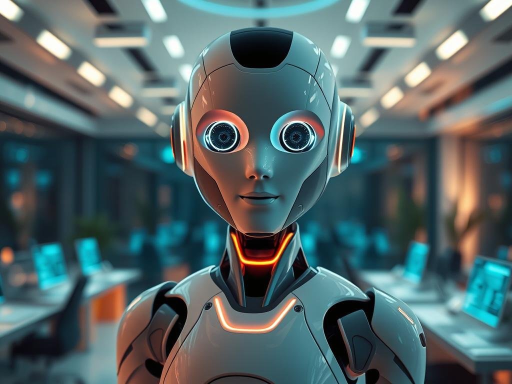 A futuristic artificial intelligence bot, designed with sleek, smooth contours and glowing accents, stands confidently in the foreground, facing the viewer. Its face is a harmonious blend of digital and humanoid features, exuding warmth and friendliness, embodying the essence of advanced technology and personality. In the middle, the background features a softly lit, modern workspace filled with holographic interfaces and subtle technological motifs, symbolizing the advanced capabilities of AI. The lighting is a mix of cool tones and gentle highlights, creating a warm yet professional atmosphere. Use a wide-angle lens perspective to emphasize the bot while maintaining focus on its engaging presence. The overall mood reflects a sense of innovation and trust, enhancing the connection between technology and its human-like qualities. The brand name "Sexlove.ai" should be subtly integrated into the setting, showcasing the bot's unique personality. A futuristic artificial intelligence bot, designed with sleek, smooth contours and glowing accents, stands confidently in the foreground, facing the viewer. Its face is a harmonious blend of digital and humanoid features, exuding warmth and friendliness, embodying the essence of advanced technology and personality. In the middle, the background features a softly lit, modern workspace filled with holographic interfaces and subtle technological motifs, symbolizing the advanced capabilities of AI. The lighting is a mix of cool tones and gentle highlights, creating a warm yet professional atmosphere. Use a wide-angle lens perspective to emphasize the bot while maintaining focus on its engaging presence. The overall mood reflects a sense of innovation and trust, enhancing the connection between technology and its human-like qualities. The brand name "Sexlove.ai" should be subtly integrated into the setting, showcasing the bot's unique personality.
