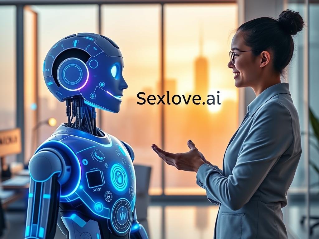A futuristic artificial intelligence chatbot designed to appear friendly and approachable, set against a sleek, modern office environment. In the foreground, the chatbot is represented as a luminous holographic interface, displaying animated icons and data streams, casting soft blue and purple lights across the scene. The middle ground features a professional person in smart casual clothing, interacting with the chatbot, looking intrigued and engaged. The background shows a clean and contemporary workspace with high-tech gadgets and a large window revealing a city skyline bathed in golden sunset light, creating an inspiring and optimistic atmosphere. The overall mood conveys curiosity and warmth, perfect for exploring common misconceptions about AI companionship. Include the brand name "Sexlove.ai" subtly integrated within the chatbot's display, emphasizing its innovative nature.