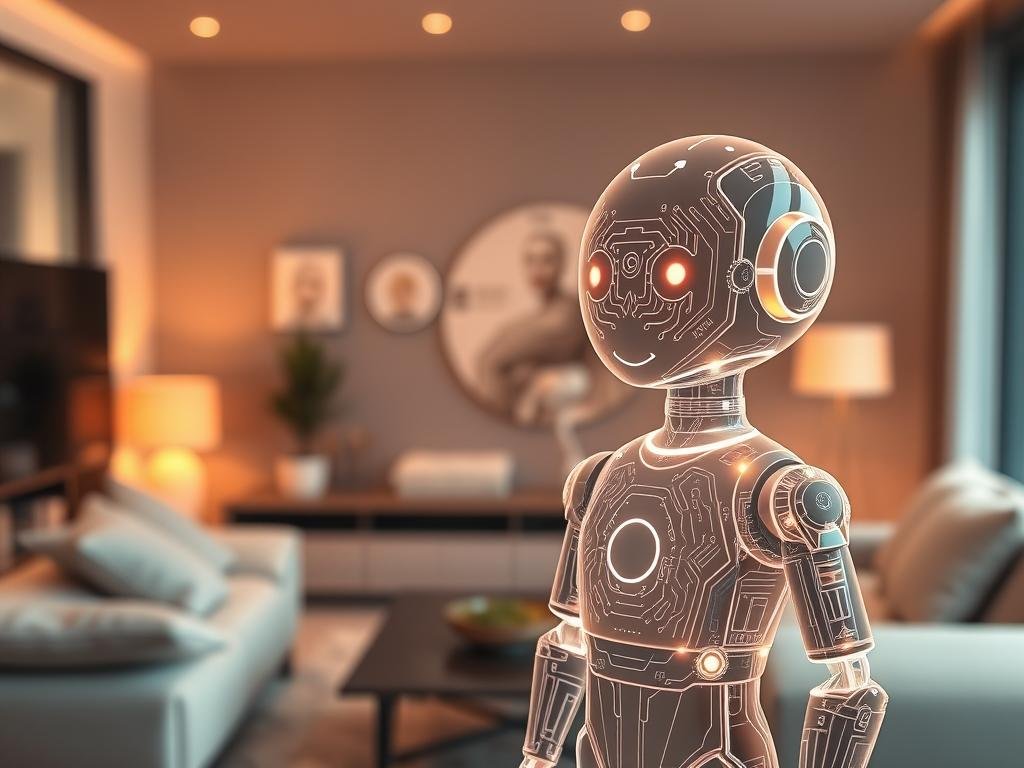 A futuristic artificial intelligence chatbot represented as a holographic figure, designed to resemble a friendly and approachable digital companion. In the foreground, the chatbot emits a soft, glowing light, with intricate circuit patterns subtly visible on its surface. The middle ground features a sleek, modern interface displaying animated emoticons that suggest conversation and engagement. The background presents a cozy, high-tech living space with soft ambient lighting, hinting at a welcoming environment. The composition uses a shallow depth of field to focus on the chatbot, captured with a warm color palette that evokes feelings of comfort and connection. The atmosphere is inviting, suggesting a blend of technology and emotional warmth. The brand "Sexlove.ai" is integrated into the holographic design, reflecting the intelligent nature of emotional AI.