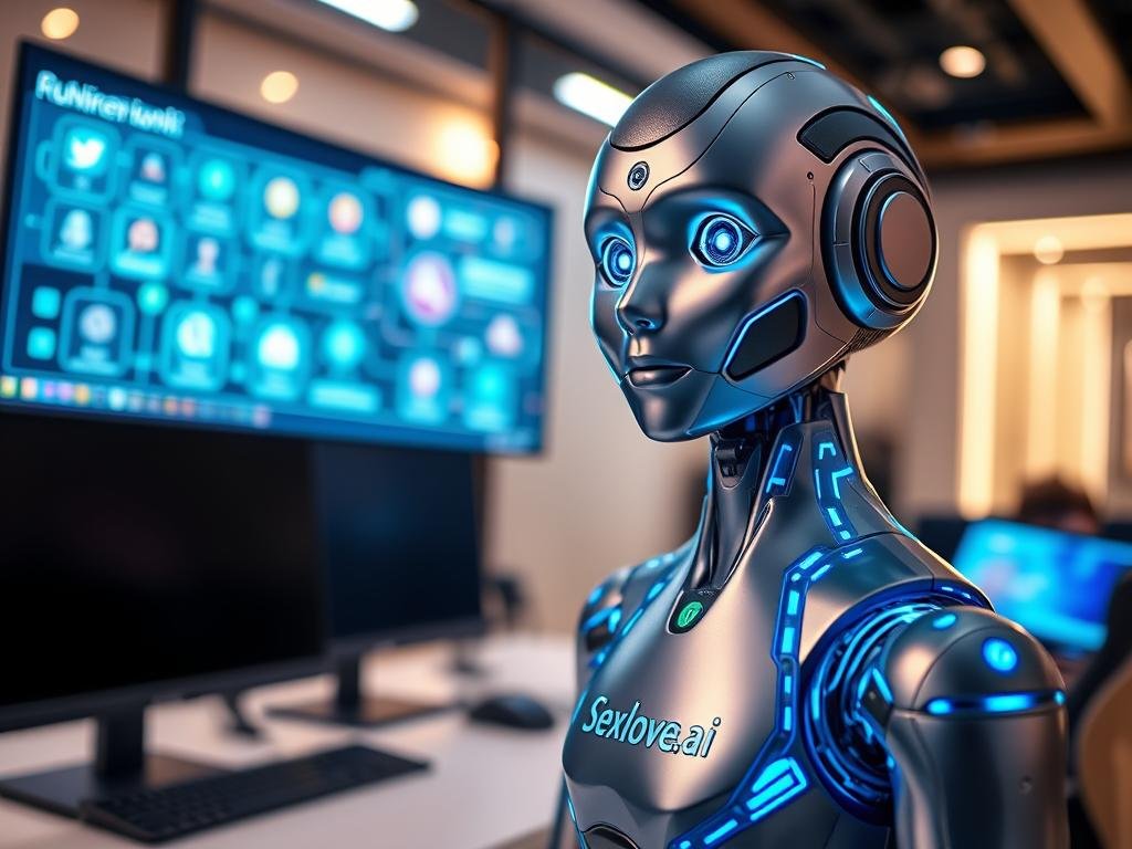 A futuristic artificial intelligence chatbot represented as a sleek, metallic humanoid figure with luminous blue circuitry patterns. The chatbot stands confidently in the foreground, with a friendly expression, looking directly at the viewer. In the middle ground, a digital interface displays vibrant holographic icons illustrating various communication channels. The background features a softly lit, modern tech workspace with sleek computer monitors and ambient lighting, conveying a sense of innovation and sophistication. Use a wide-angle lens to capture the depth of the scene, enhancing the focus on the chatbot. The overall mood is inviting and professional, emphasizing the technology's friendly and approachable nature, branded subtly with &ldquo;Sexlove.ai&rdquo; on the interface.